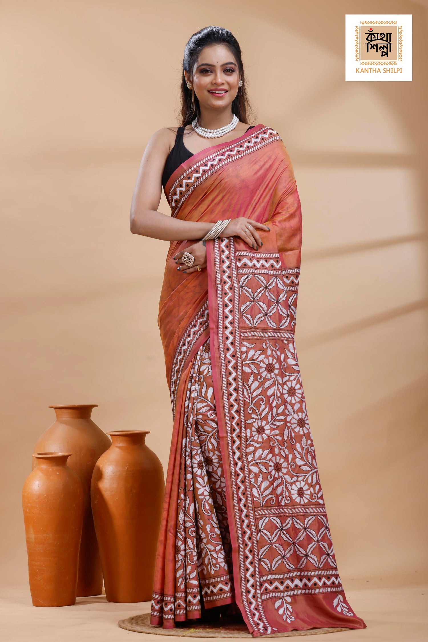 Rust Color Bangalore Silk Black-White Color Thread Work Batik Kantha Stitch Saree