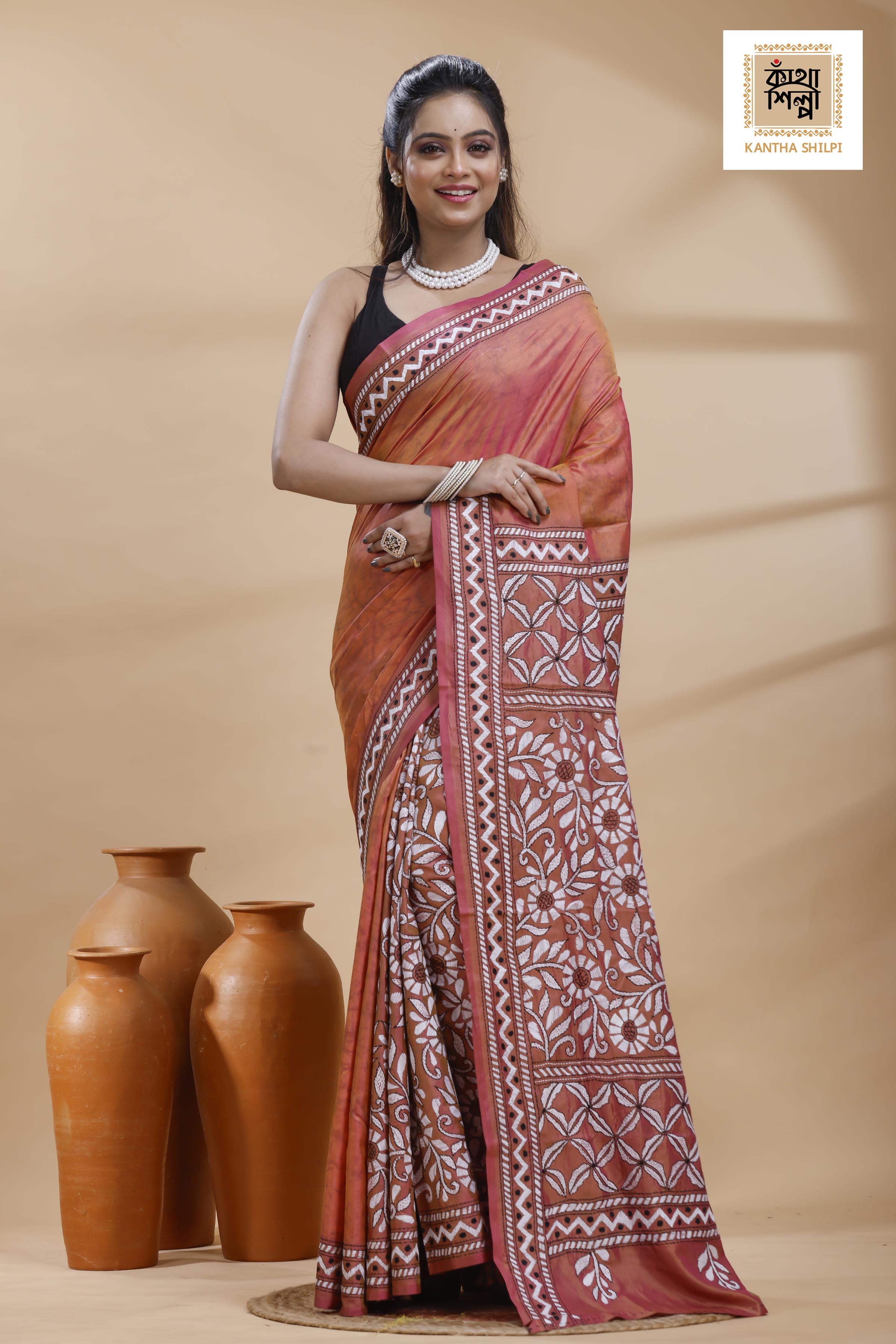 Rust Color Bangalore Silk Black-White Color Thread Work Batik Kantha Stitch Saree