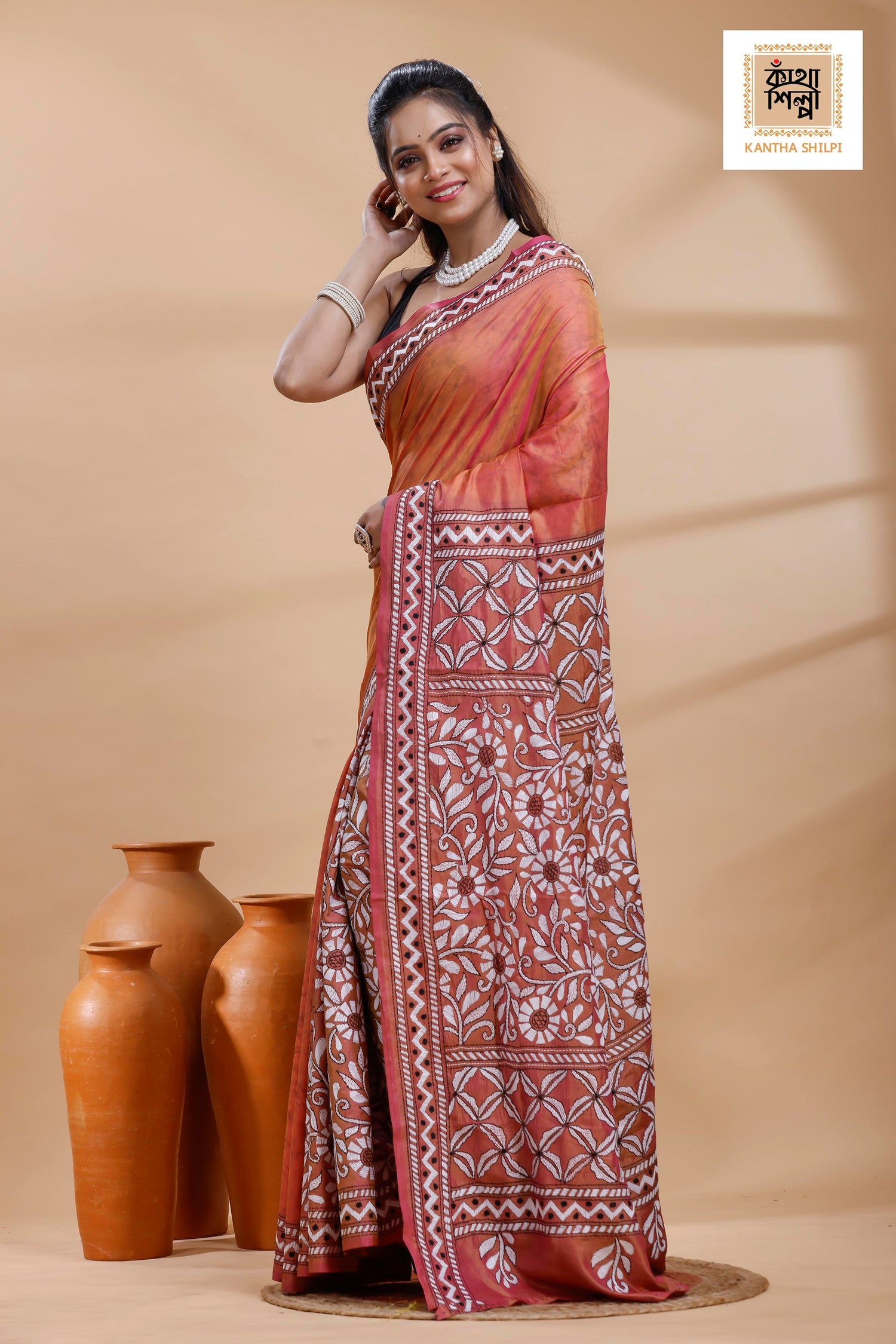 Rust Color Bangalore Silk Black-White Color Thread Work Batik Kantha Stitch Saree