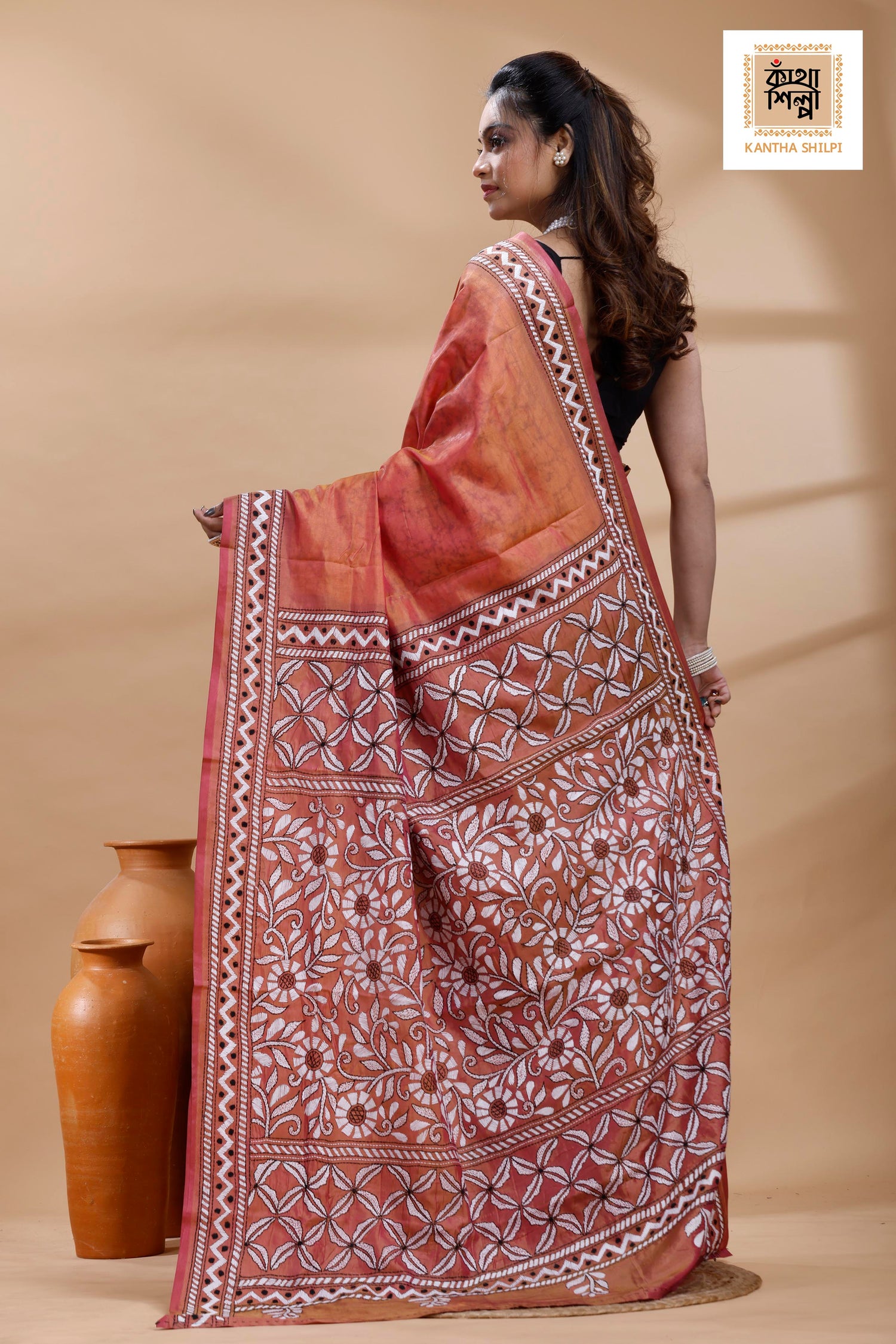 Rust Color Bangalore Silk Black-White Color Thread Work Batik Kantha Stitch Saree