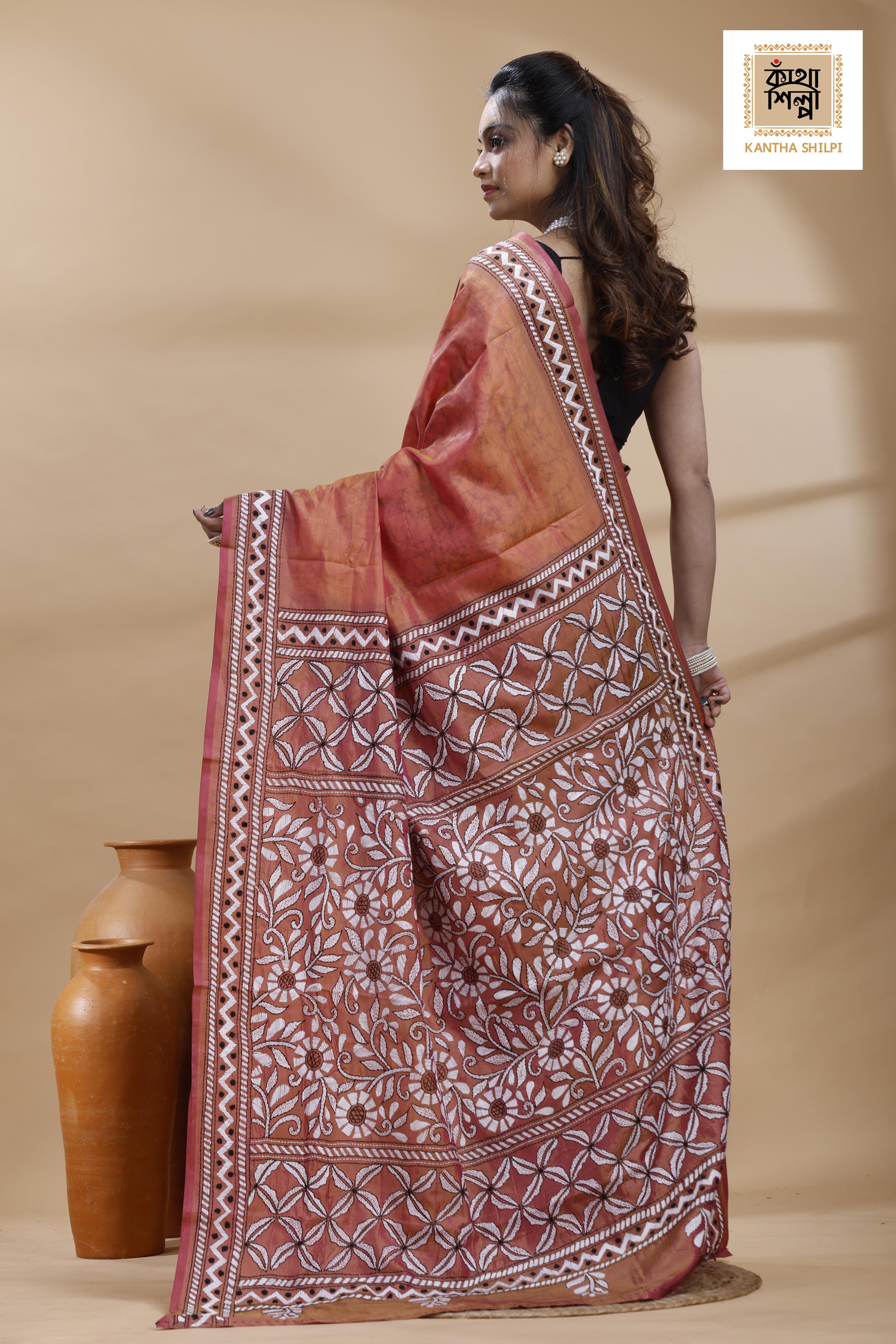 Rust Color Bangalore Silk Black-White Color Thread Work Batik Kantha Stitch Saree