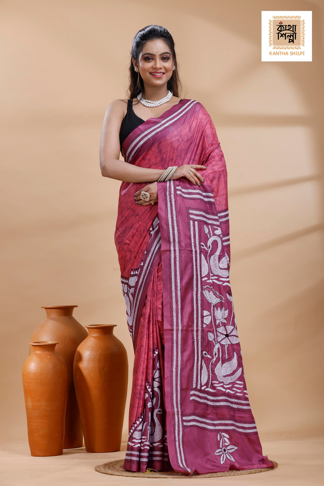Dark Pink Color Bangalore Silk Black-White Color Thread Work Batik Kantha Stitch Saree