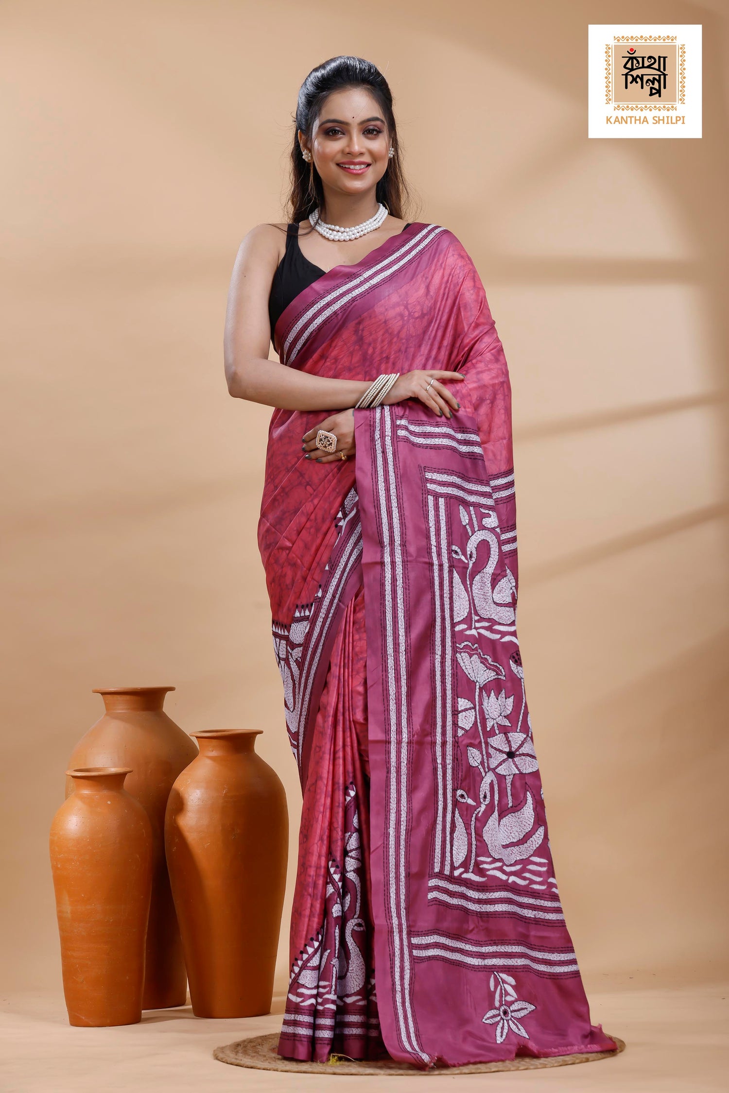 Dark Pink Color Bangalore Silk Black-White Color Thread Work Batik Kantha Stitch Saree