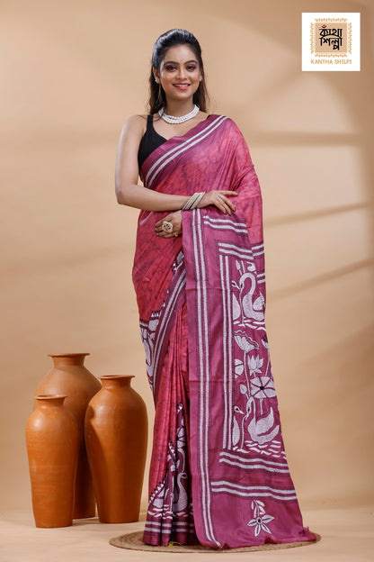 Dark Pink Color Bangalore Silk Black-White Color Thread Work Batik Kantha Stitch Saree