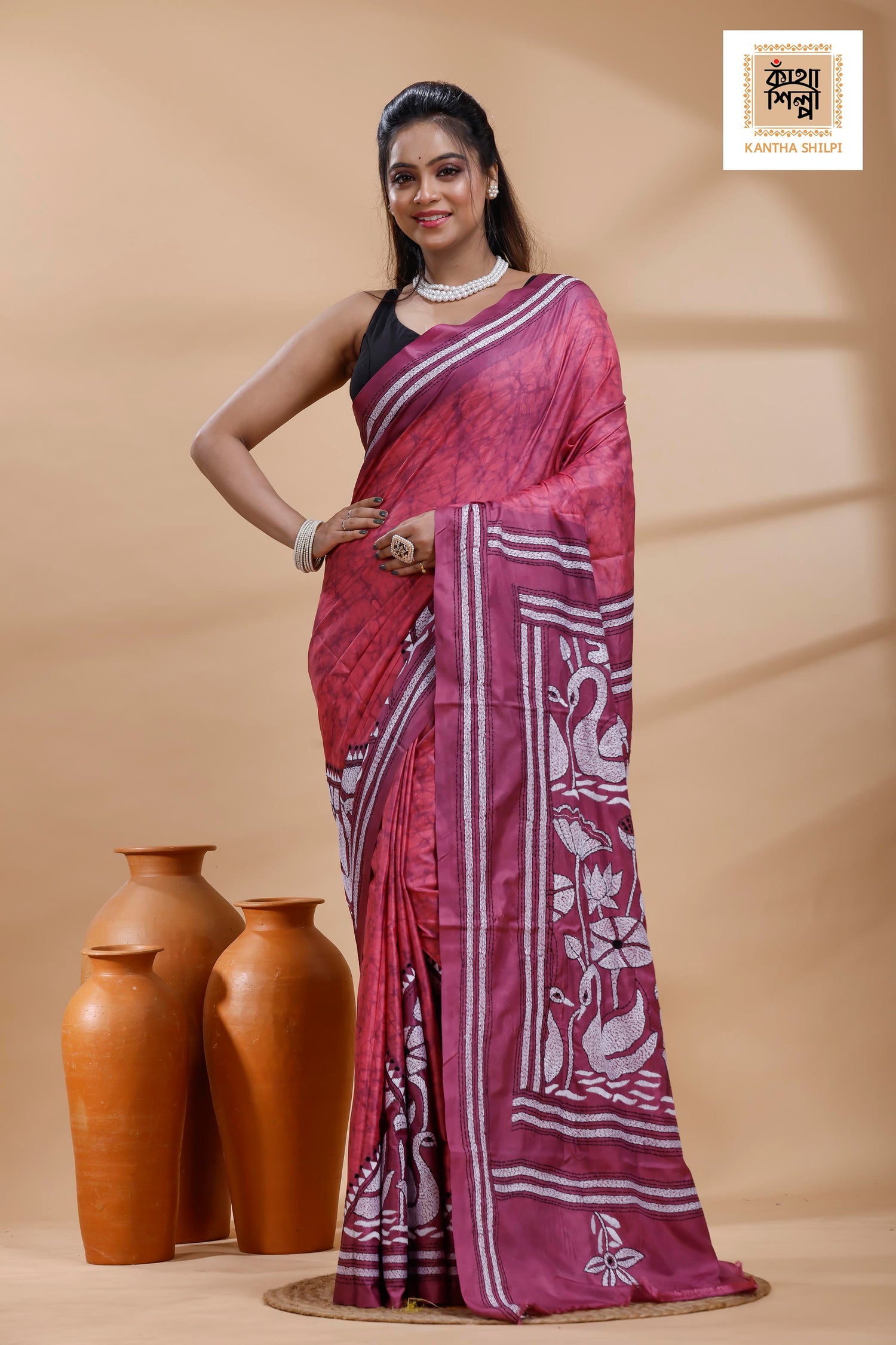 Dark Pink Color Bangalore Silk Black-White Color Thread Work Batik Kantha Stitch Saree