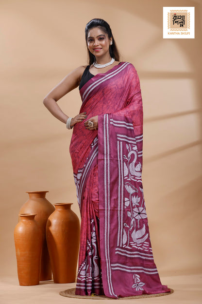 Dark Pink Color Bangalore Silk Black-White Color Thread Work Batik Kantha Stitch Saree