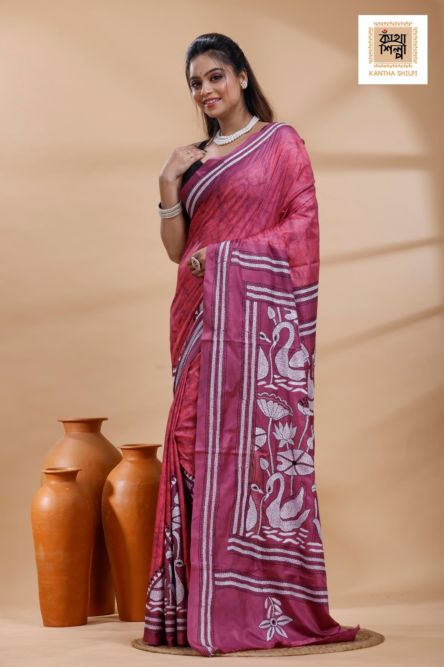 Dark Pink Color Bangalore Silk Black-White Color Thread Work Batik Kantha Stitch Saree