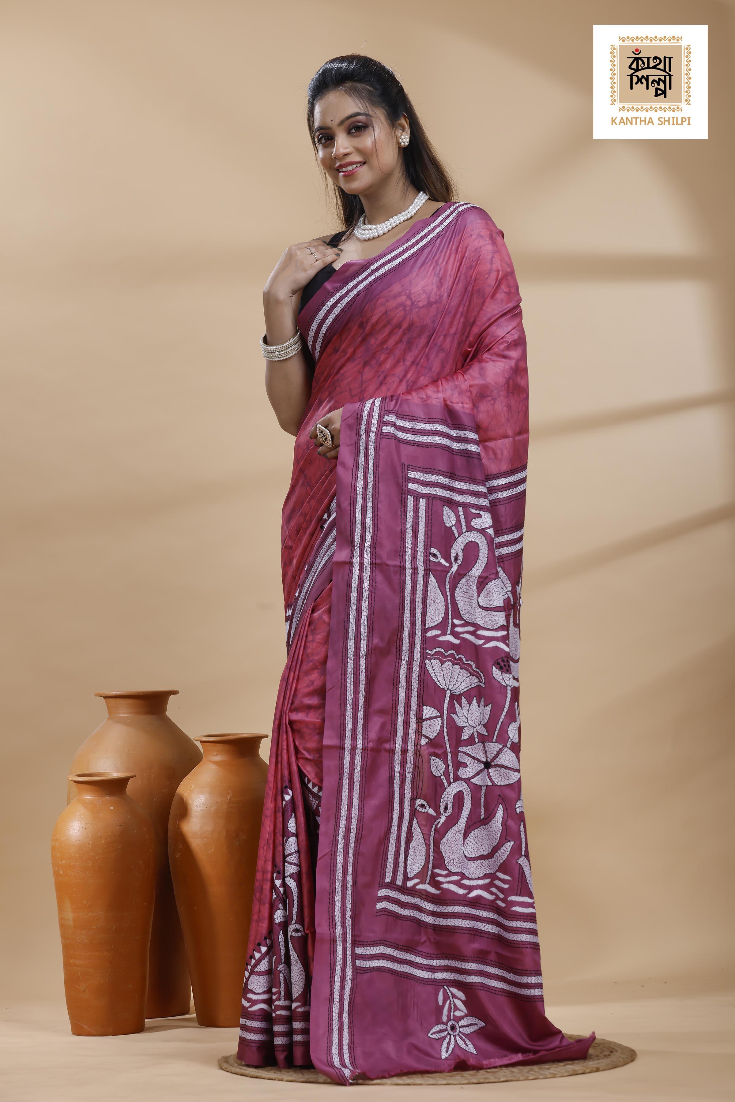 Dark Pink Color Bangalore Silk Black-White Color Thread Work Batik Kantha Stitch Saree