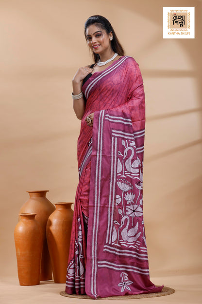 Dark Pink Color Bangalore Silk Black-White Color Thread Work Batik Kantha Stitch Saree