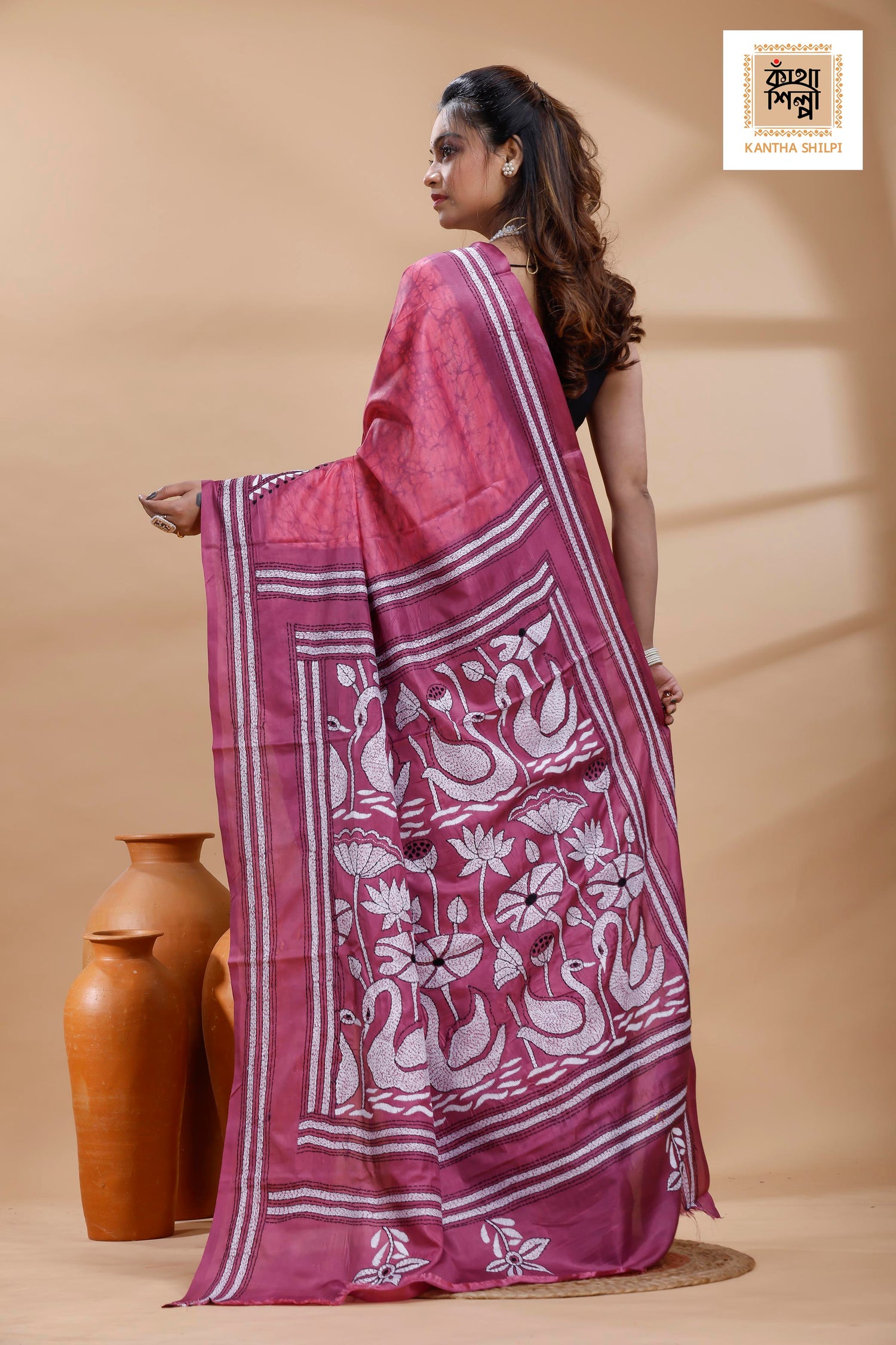 Dark Pink Color Bangalore Silk Black-White Color Thread Work Batik Kantha Stitch Saree