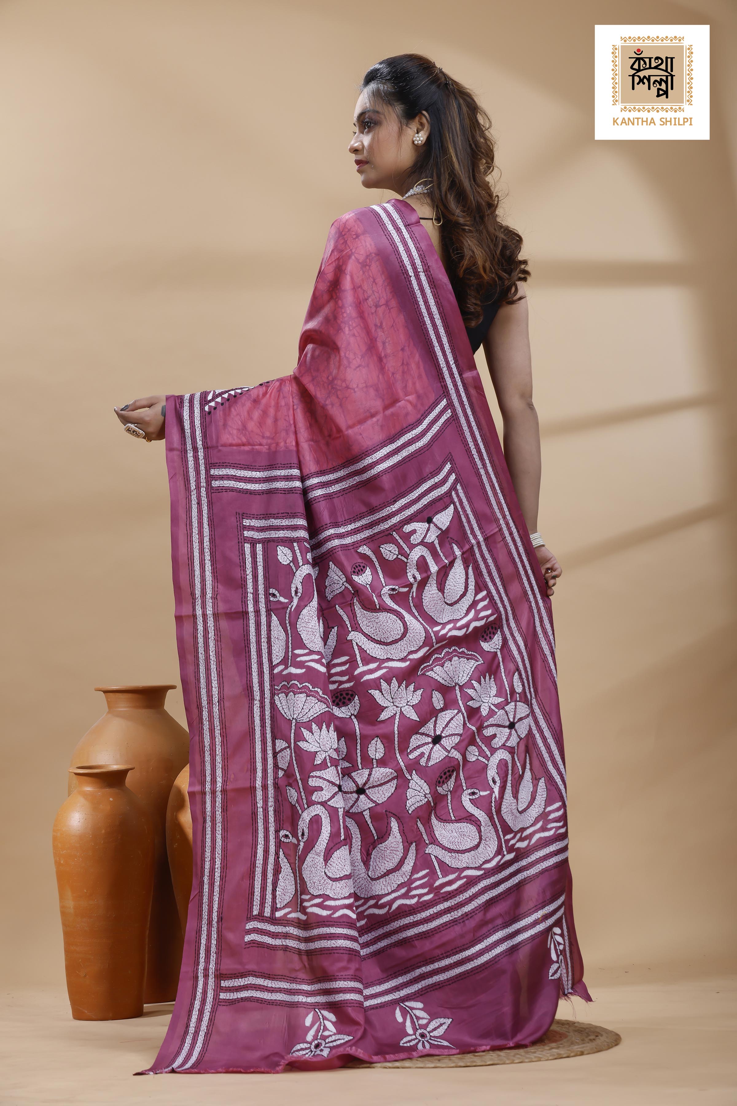 Dark Pink Color Bangalore Silk Black-White Color Thread Work Batik Kantha Stitch Saree