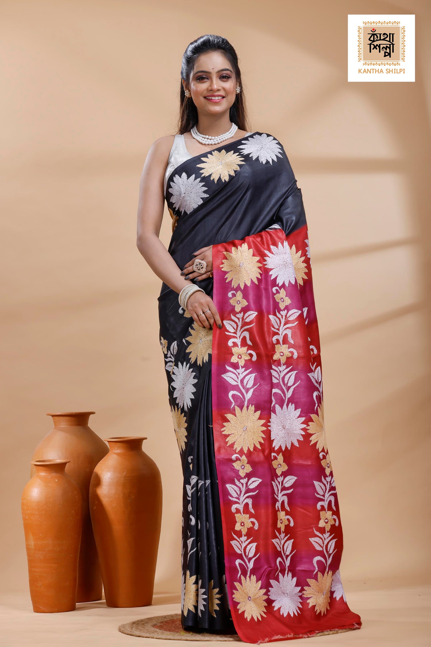 Pure Gachi Dye Tussar White-Beige Color Thread Work Kantha Stitch Saree