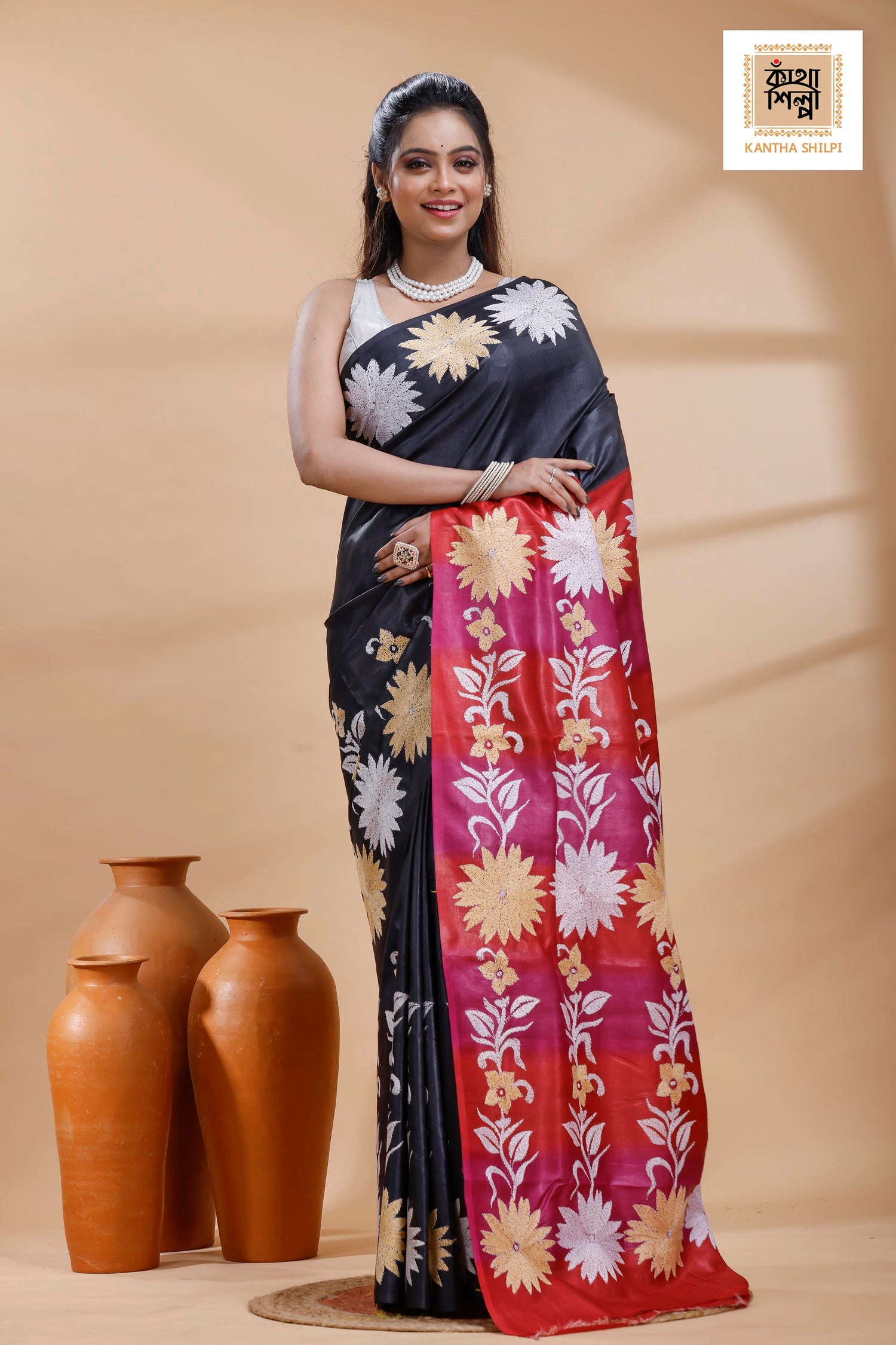 Pure Gachi Dye Tussar White-Beige Color Thread Work Kantha Stitch Saree