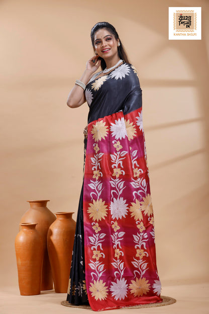 Pure Gachi Dye Tussar White-Beige Color Thread Work Kantha Stitch Saree
