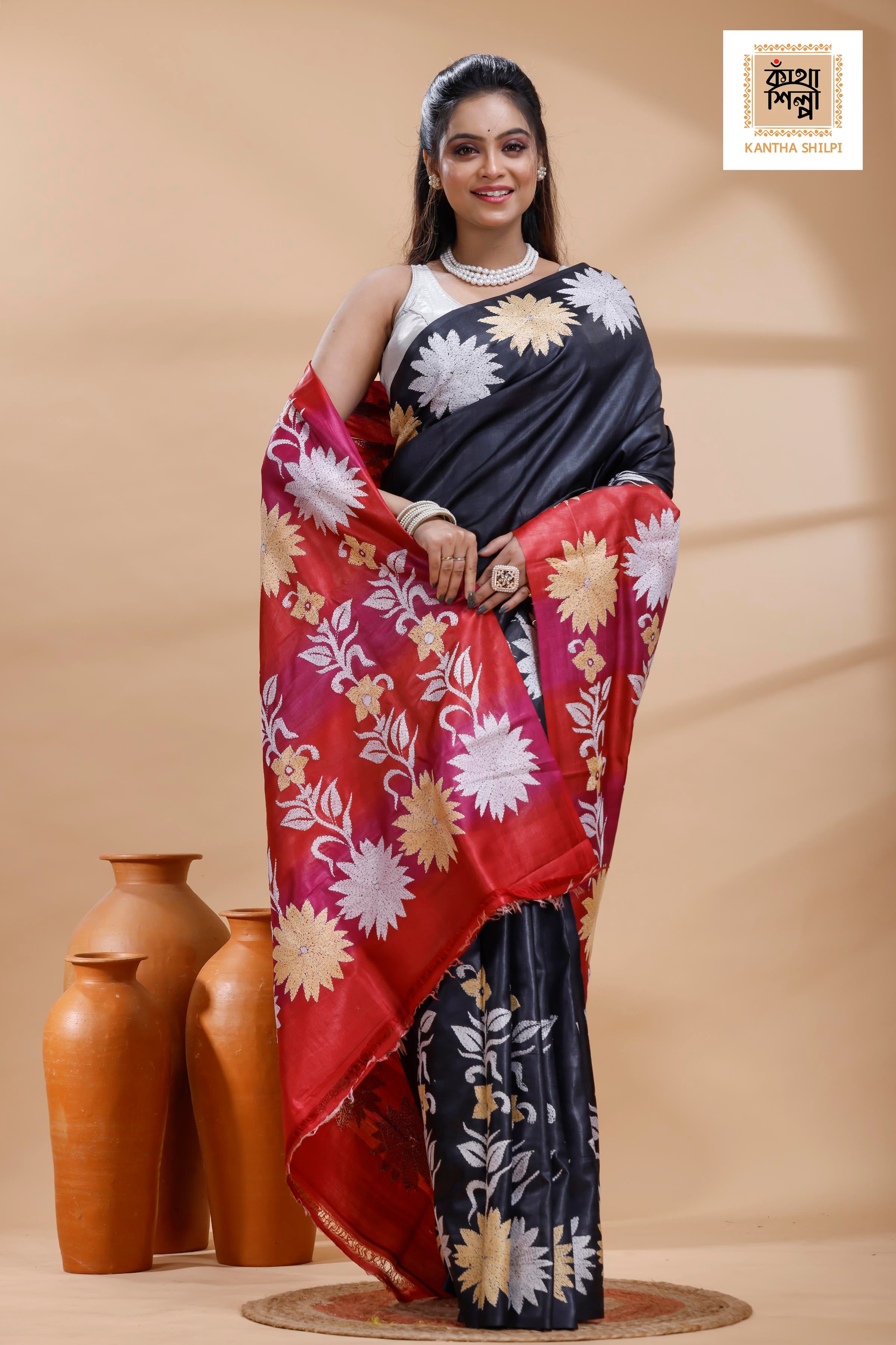 Pure Gachi Dye Tussar White-Beige Color Thread Work Kantha Stitch Saree