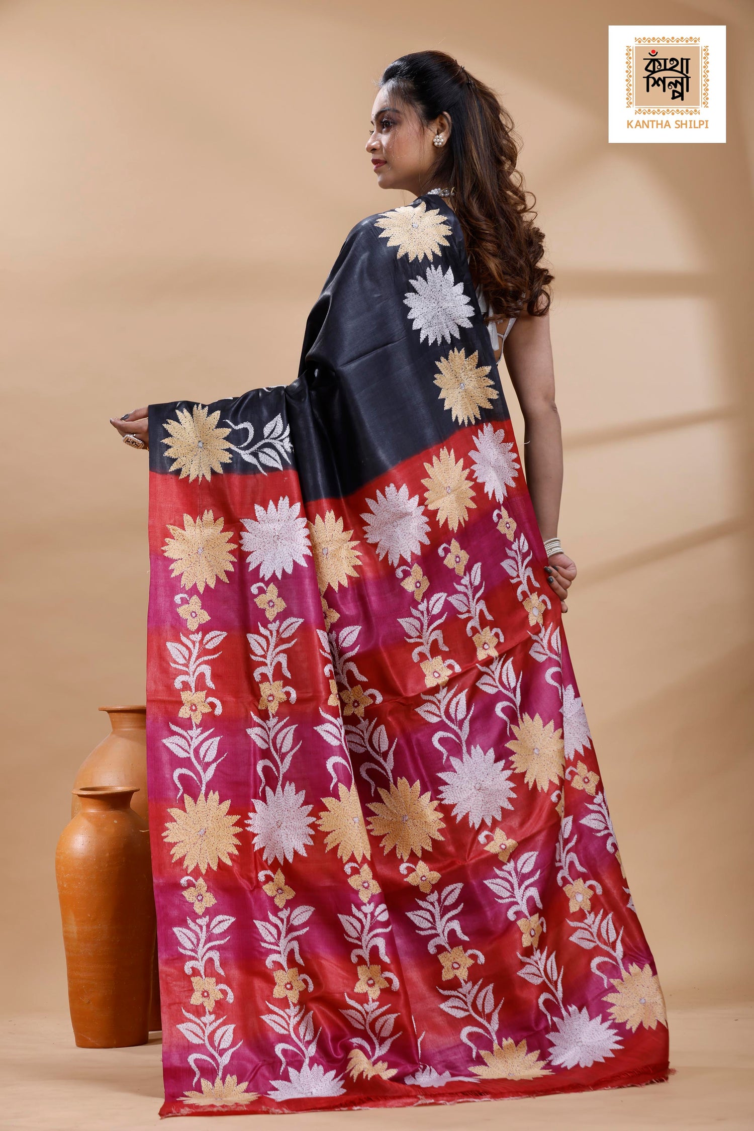 Pure Gachi Dye Tussar White-Beige Color Thread Work Kantha Stitch Saree
