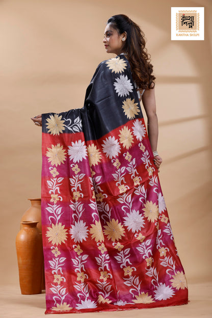 Pure Gachi Dye Tussar White-Beige Color Thread Work Kantha Stitch Saree