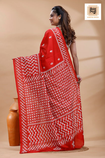 Red Bangalore Silk White Color Thread Work Gujrati Stitch Saree