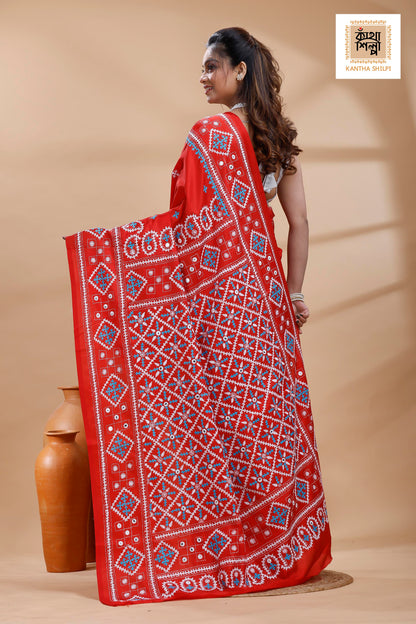 Red Bangalore Silk White-blue color Thread Work Gujrati Stitch Saree