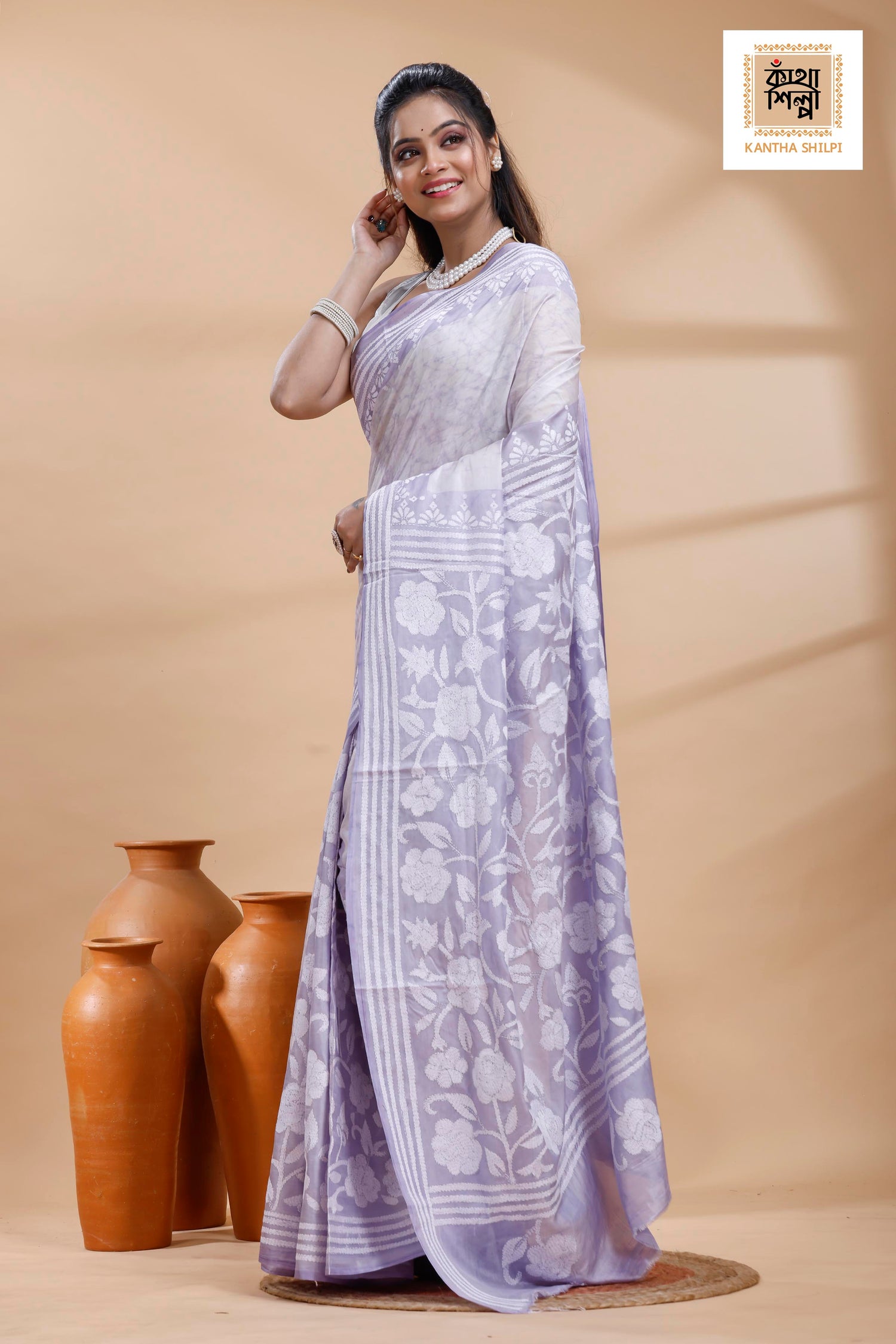Greyish Purple Color Bangalore Silk White Color Thread Work Batik Kantha Stitch Saree