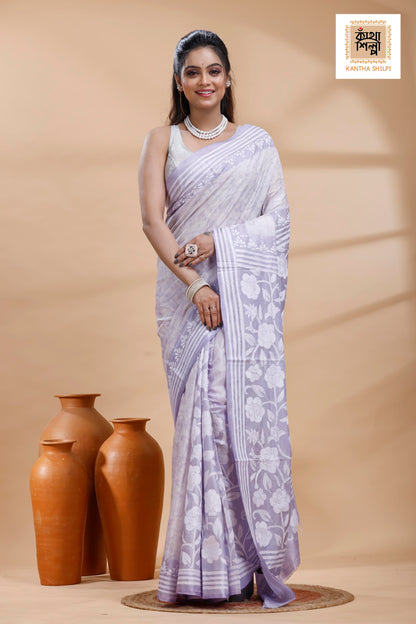 Greyish Purple Color Bangalore Silk White Color Thread Work Batik Kantha Stitch Saree