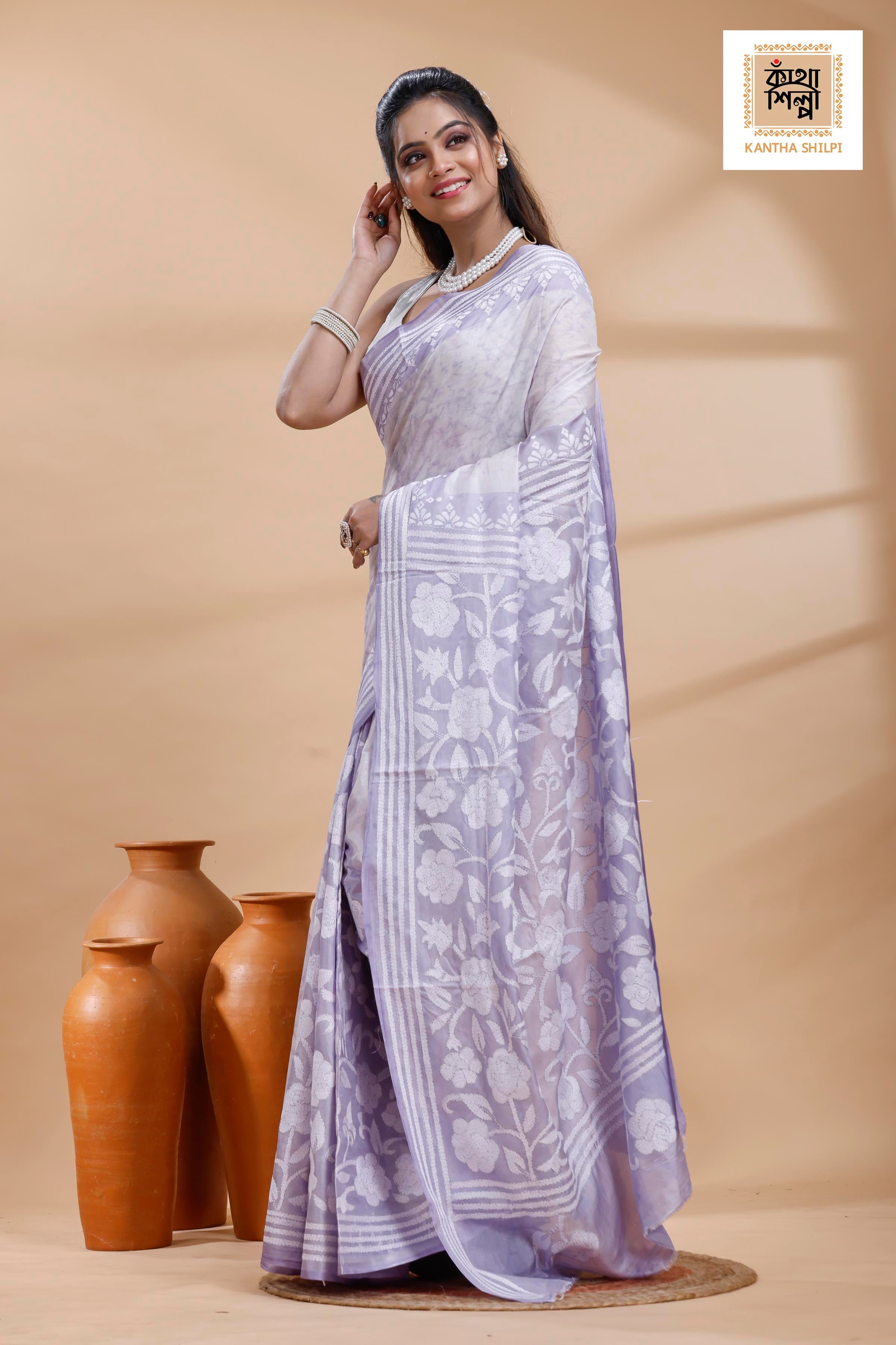 Greyish Purple Color Bangalore Silk White Color Thread Work Batik Kantha Stitch Saree