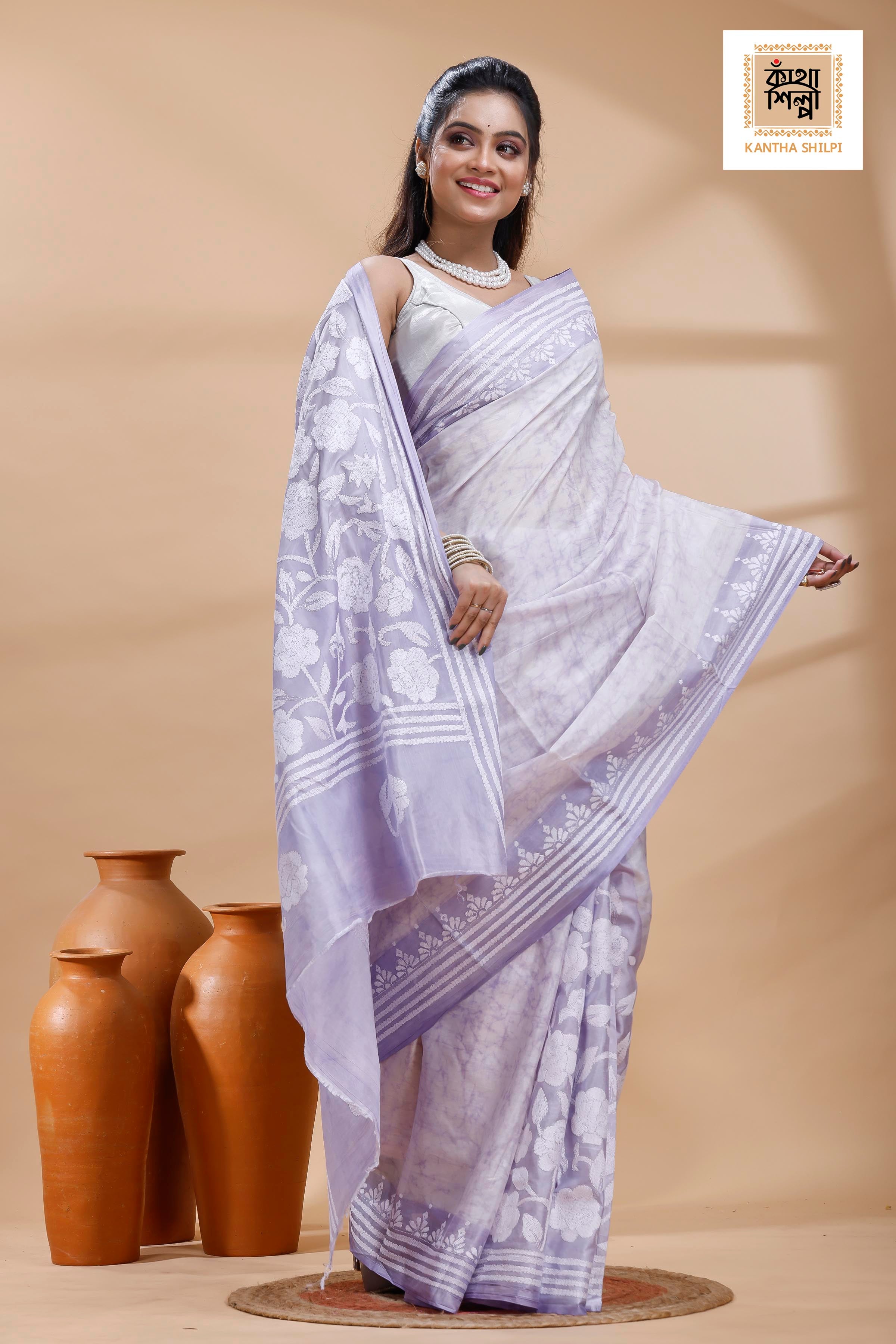 Greyish Purple Color Bangalore Silk White Color Thread Work Batik Kantha Stitch Saree