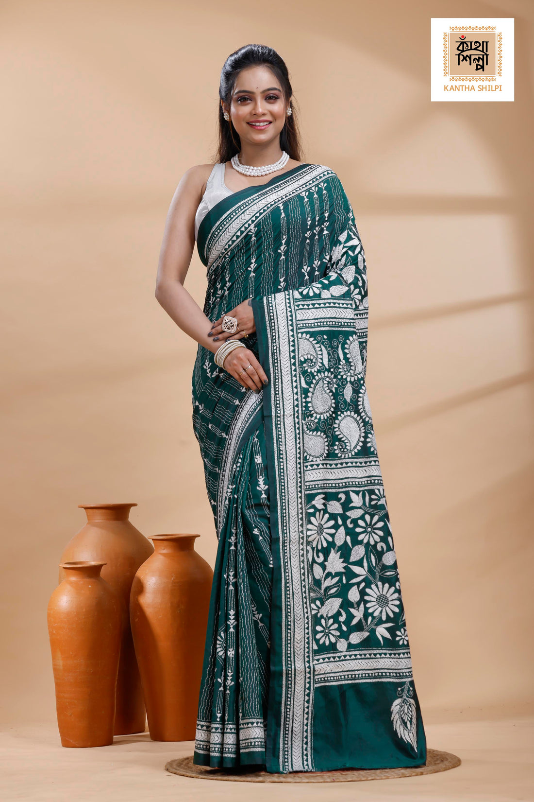 Green Color Bangalore Silk White Color Thread Work Kantha Stitch Saree