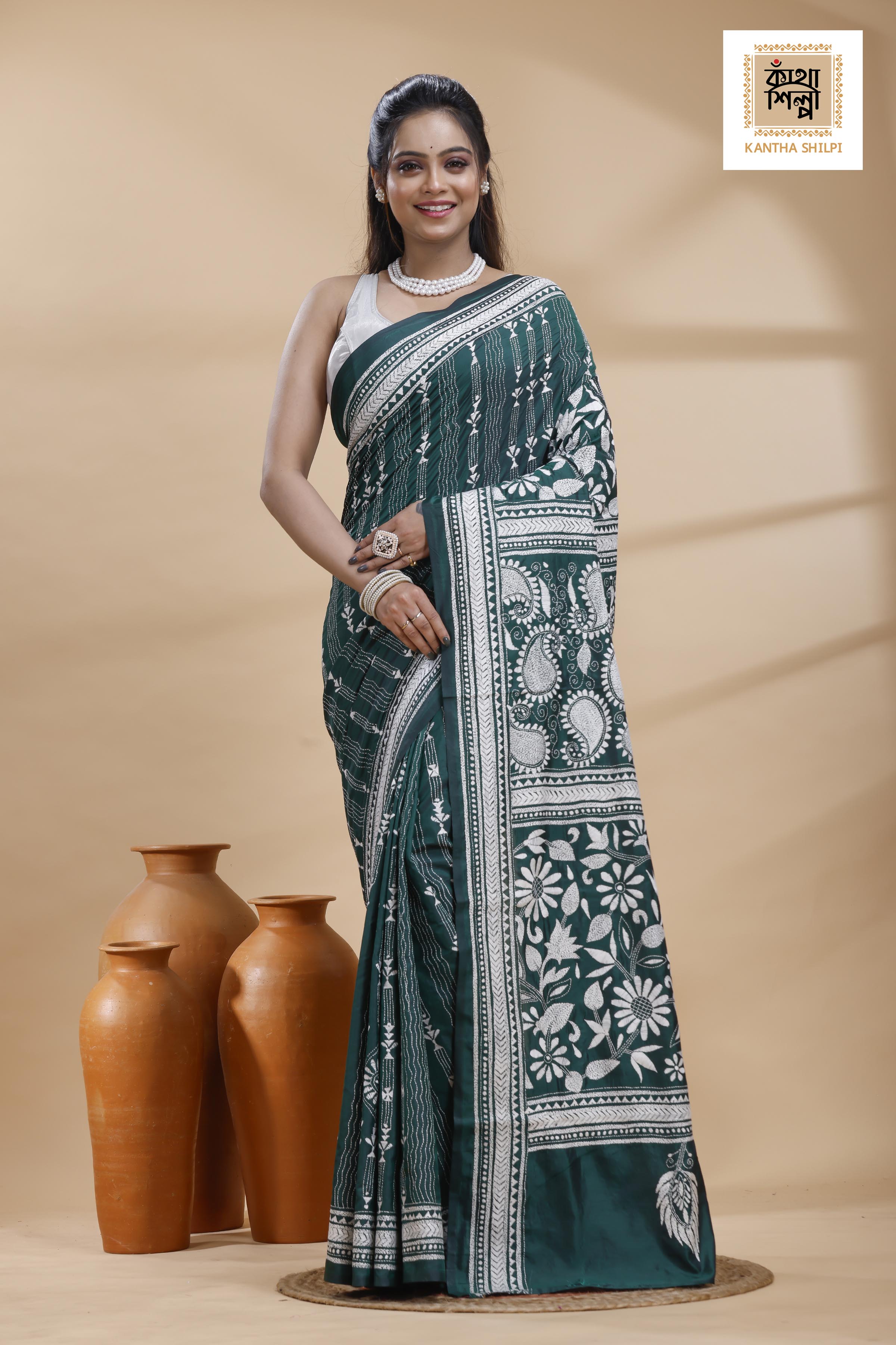 Green Color Bangalore Silk White Color Thread Work Kantha Stitch Saree