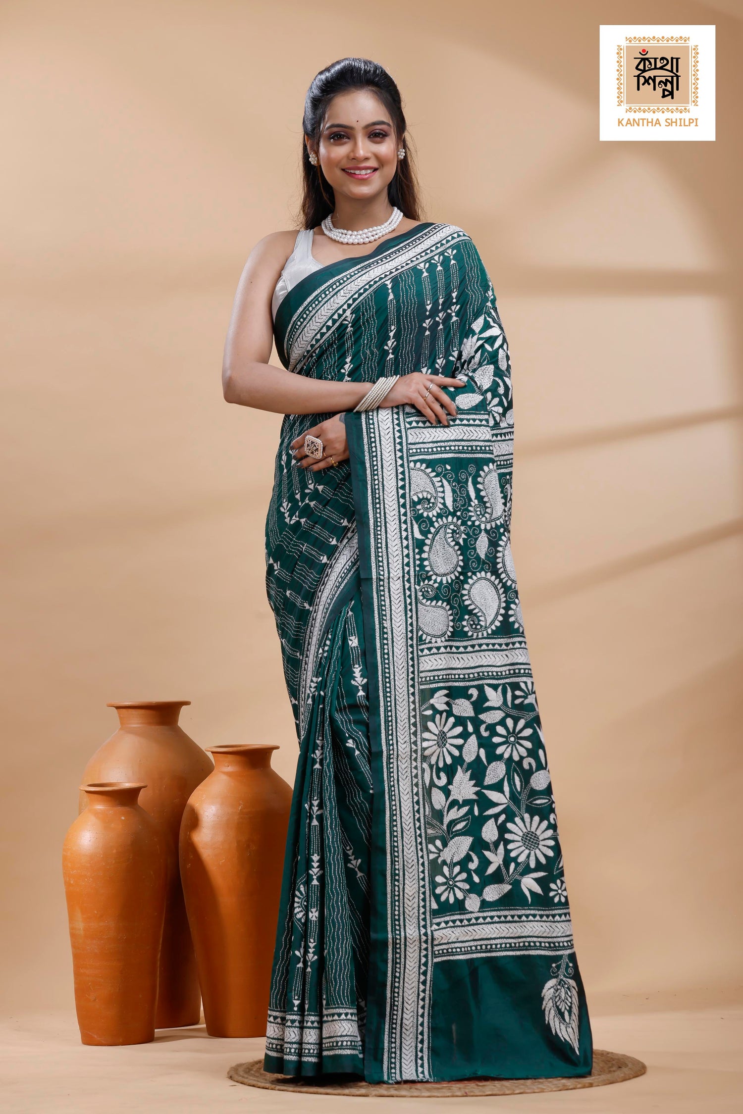 Green Color Bangalore Silk White Color Thread Work Kantha Stitch Saree