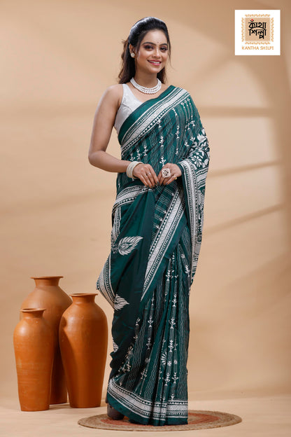 Green Color Bangalore Silk White Color Thread Work Kantha Stitch Saree