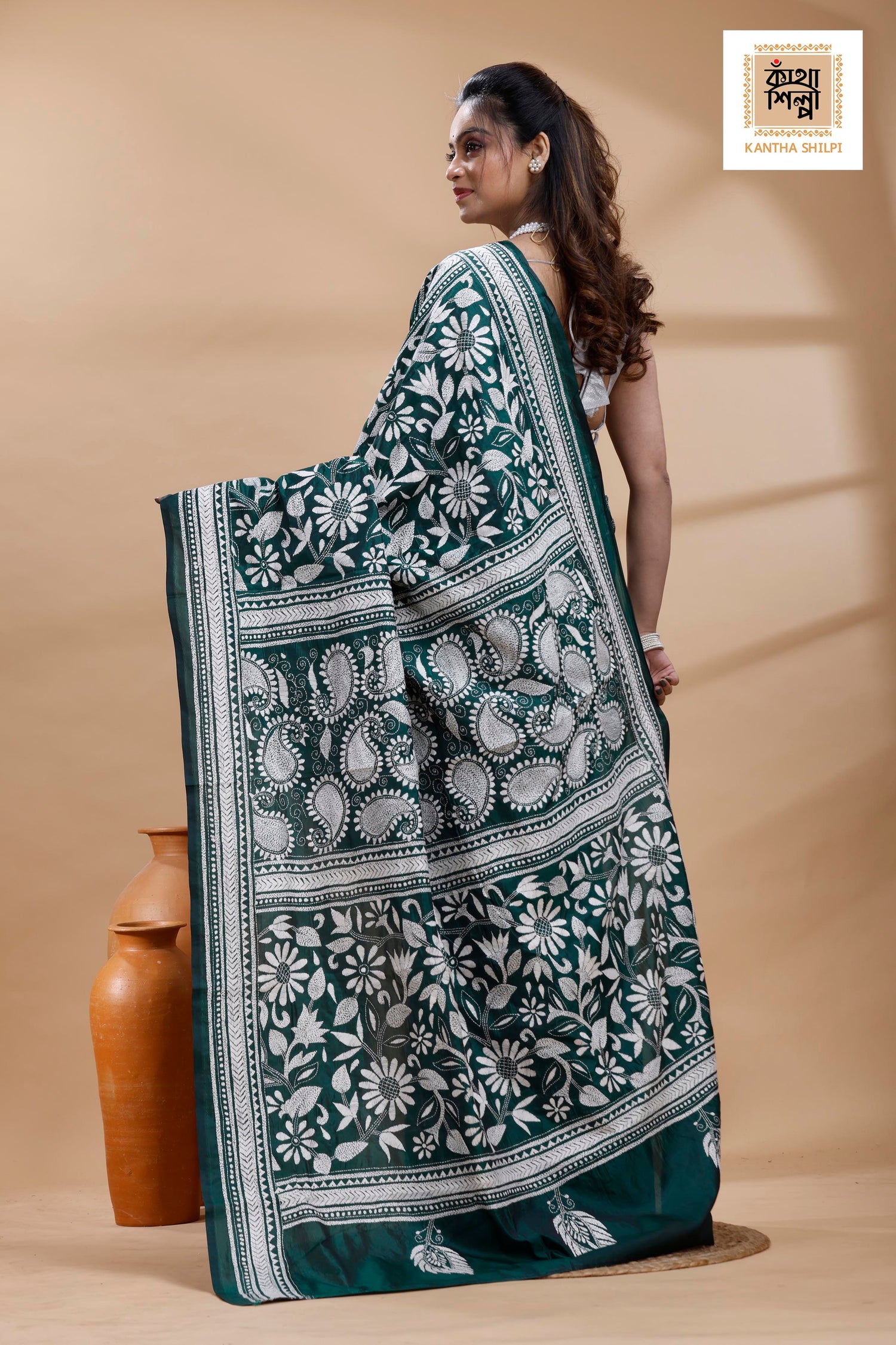 Green Color Bangalore Silk White Color Thread Work Kantha Stitch Saree