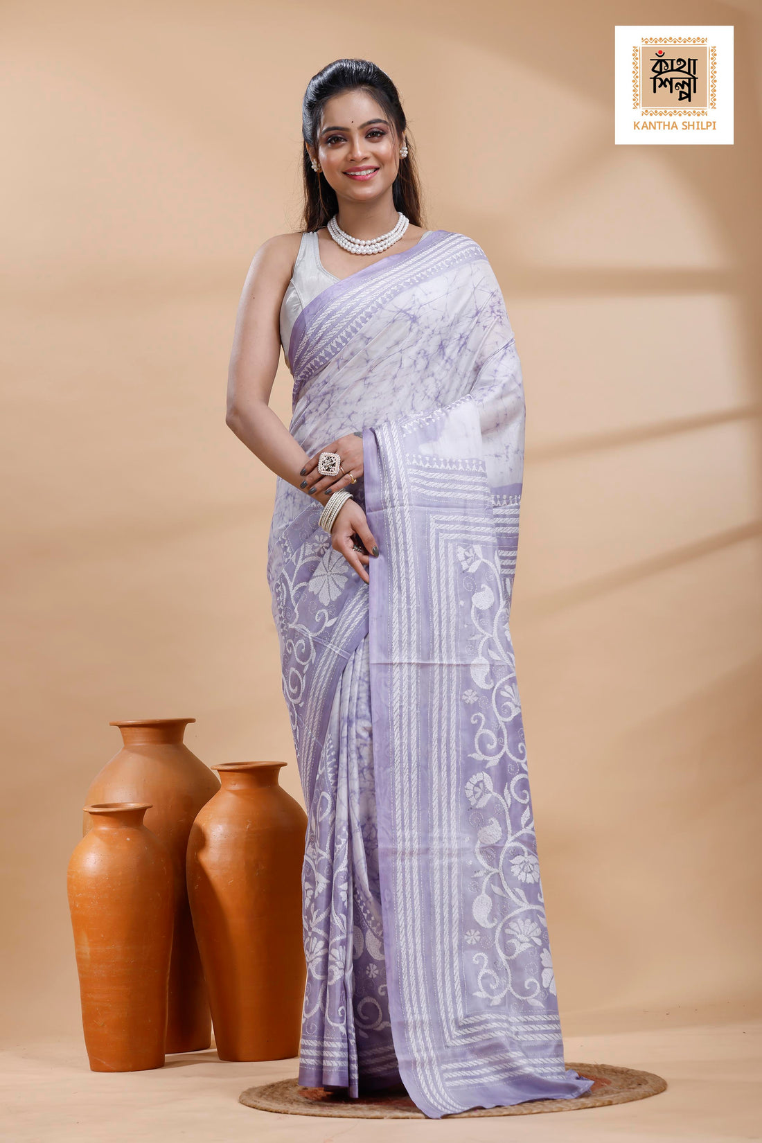 Greyish Purple Color Bangalore Silk White Color Thread Work Batik Kantha Stitch Saree