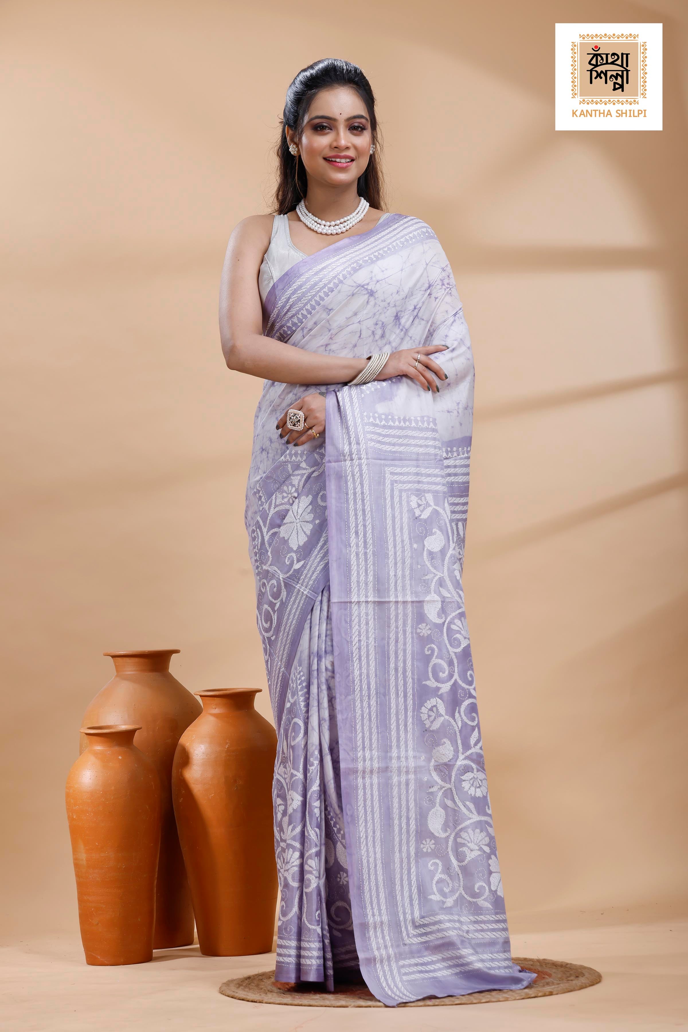 Greyish Purple Color Bangalore Silk White Color Thread Work Batik Kantha Stitch Saree