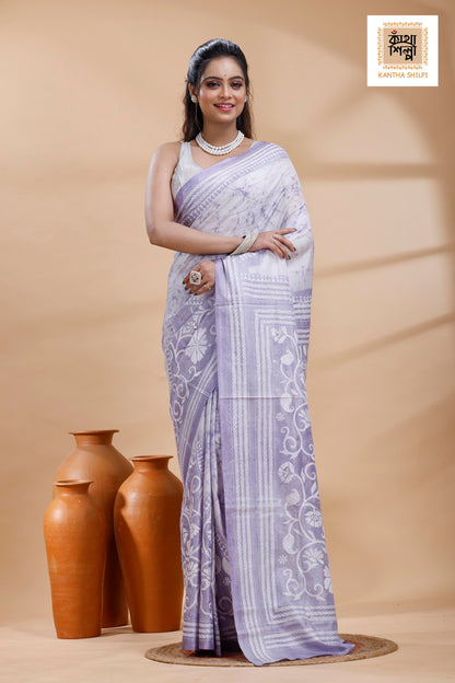 Greyish Purple Color Bangalore Silk White Color Thread Work Batik Kantha Stitch Saree
