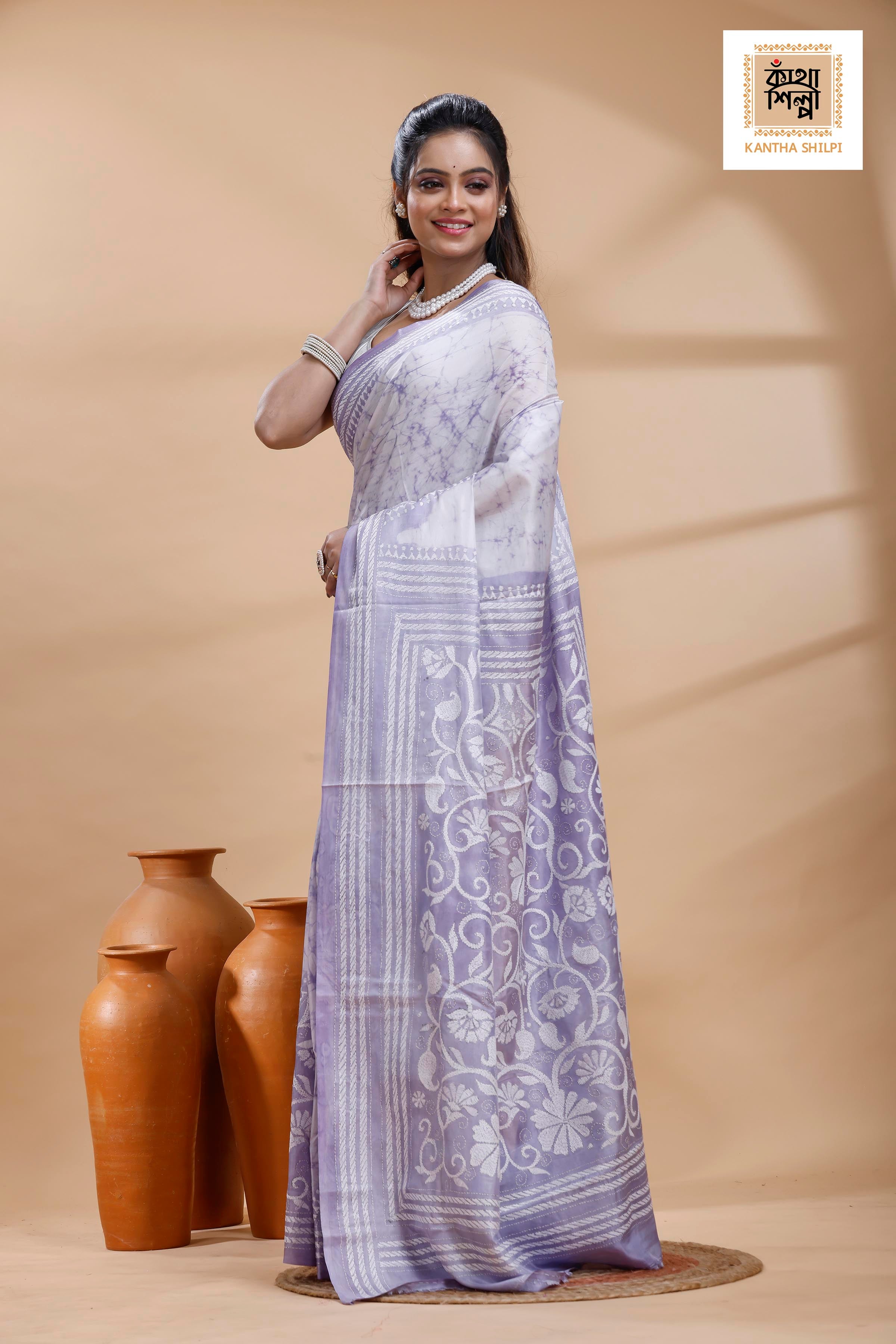 Greyish Purple Color Bangalore Silk White Color Thread Work Batik Kantha Stitch Saree