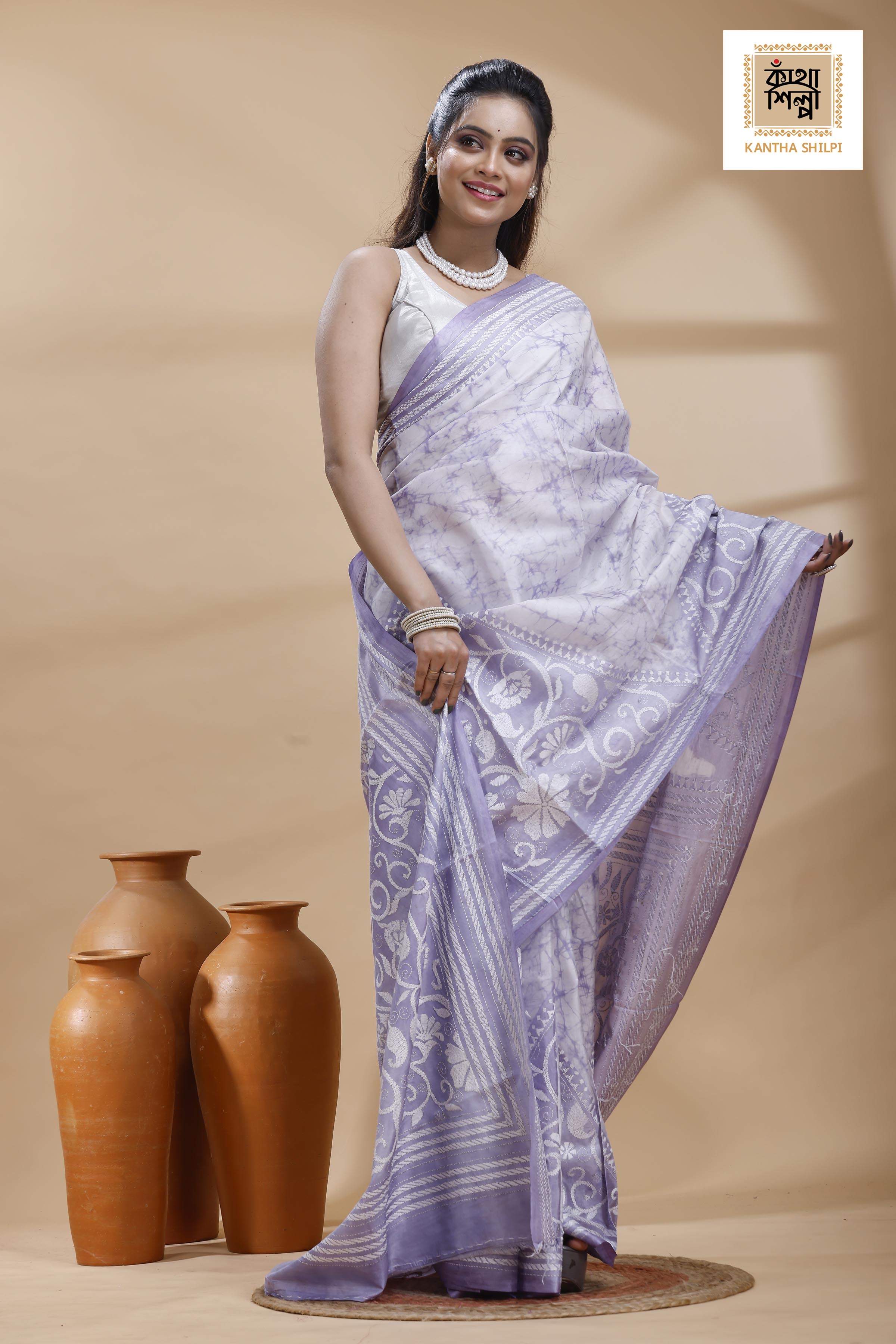 Greyish Purple Color Bangalore Silk White Color Thread Work Batik Kantha Stitch Saree