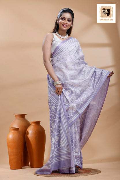Greyish Purple Color Bangalore Silk White Color Thread Work Batik Kantha Stitch Saree