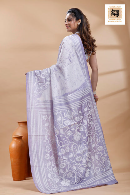 Greyish Purple Color Bangalore Silk White Color Thread Work Batik Kantha Stitch Saree
