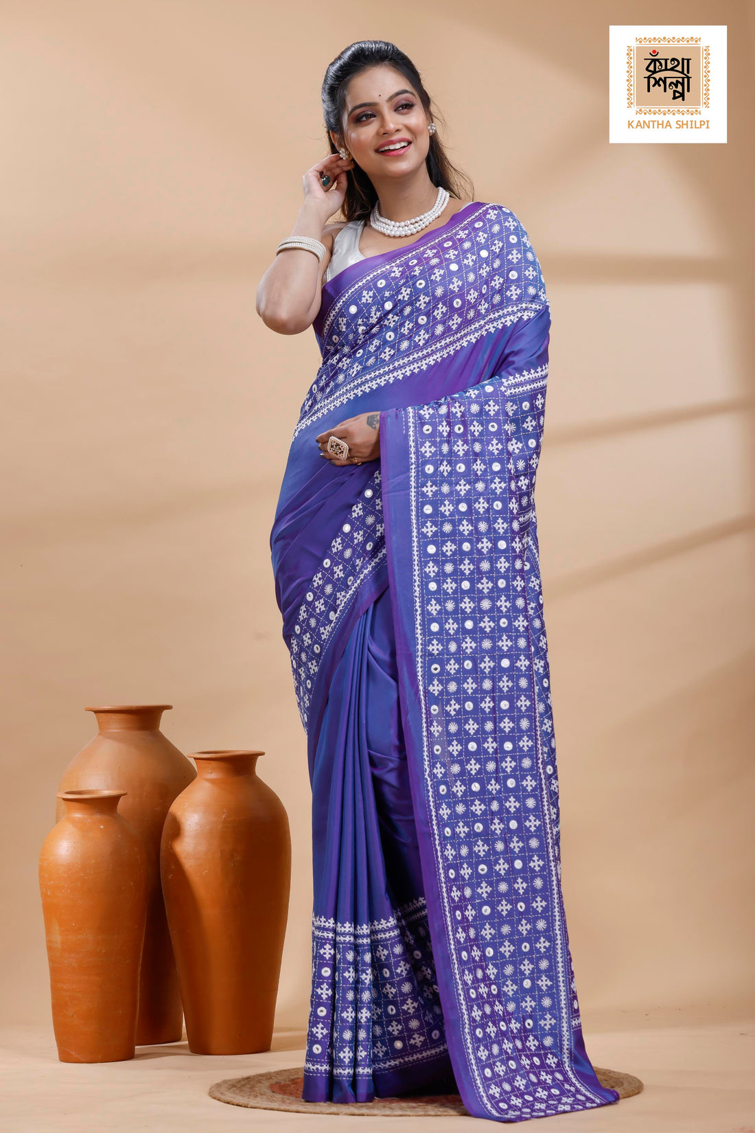 Blue Bangalore Silk White Color Thread Work Gujrati Stitch Saree