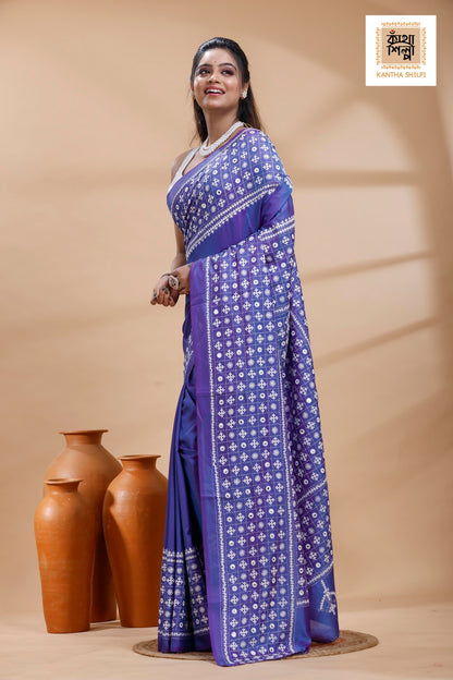 Blue Bangalore Silk White Color Thread Work Gujrati Stitch Saree