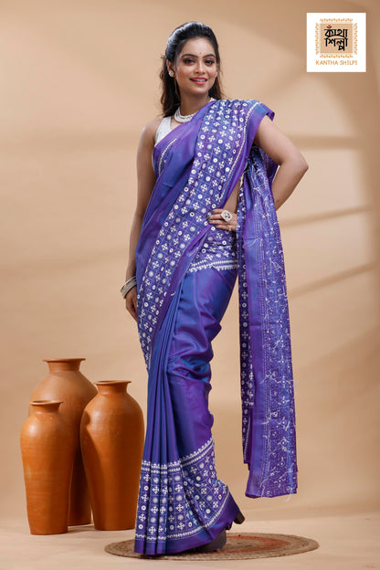 Blue Bangalore Silk White Color Thread Work Gujrati Stitch Saree