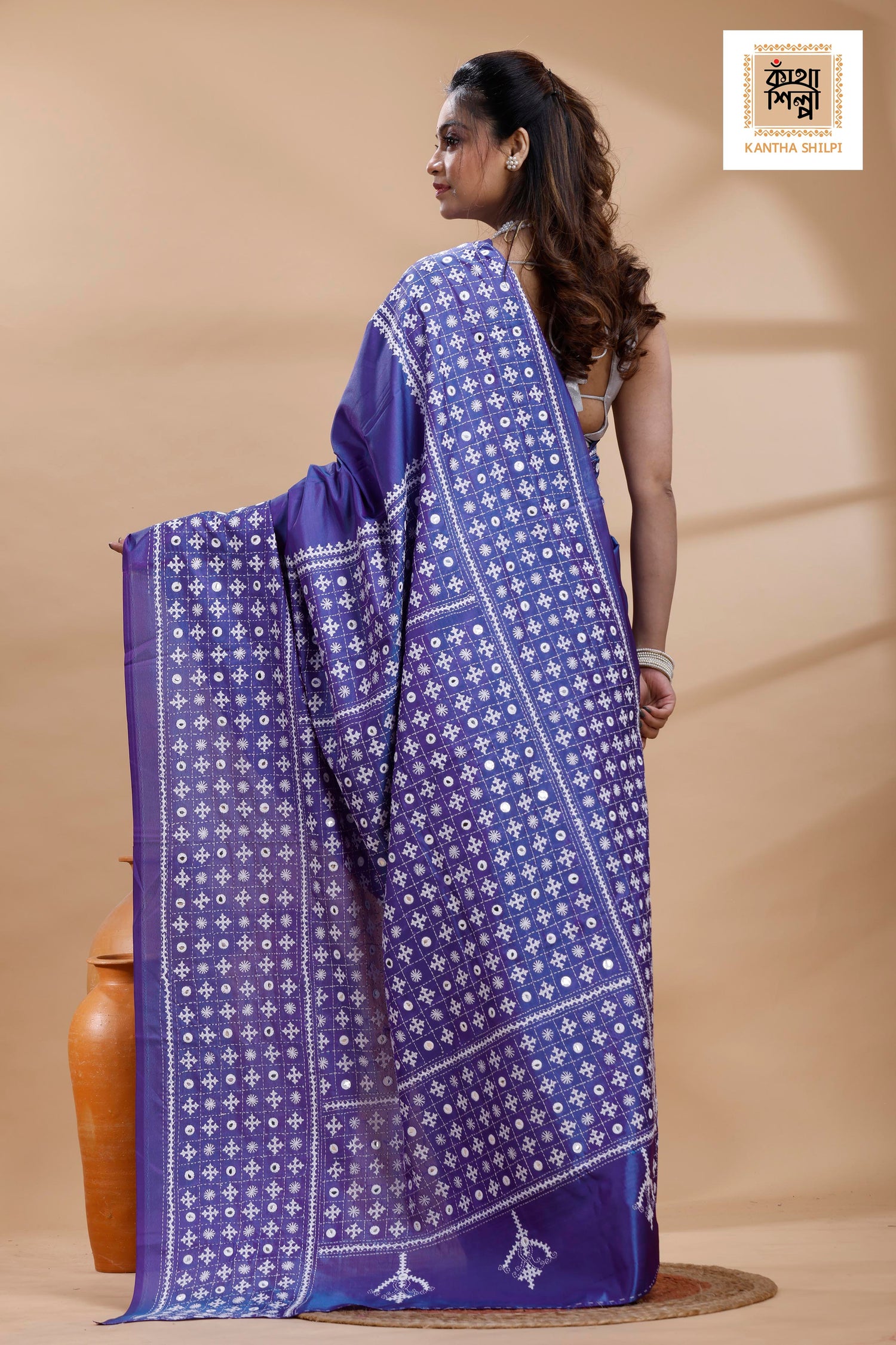 Blue Bangalore Silk White Color Thread Work Gujrati Stitch Saree