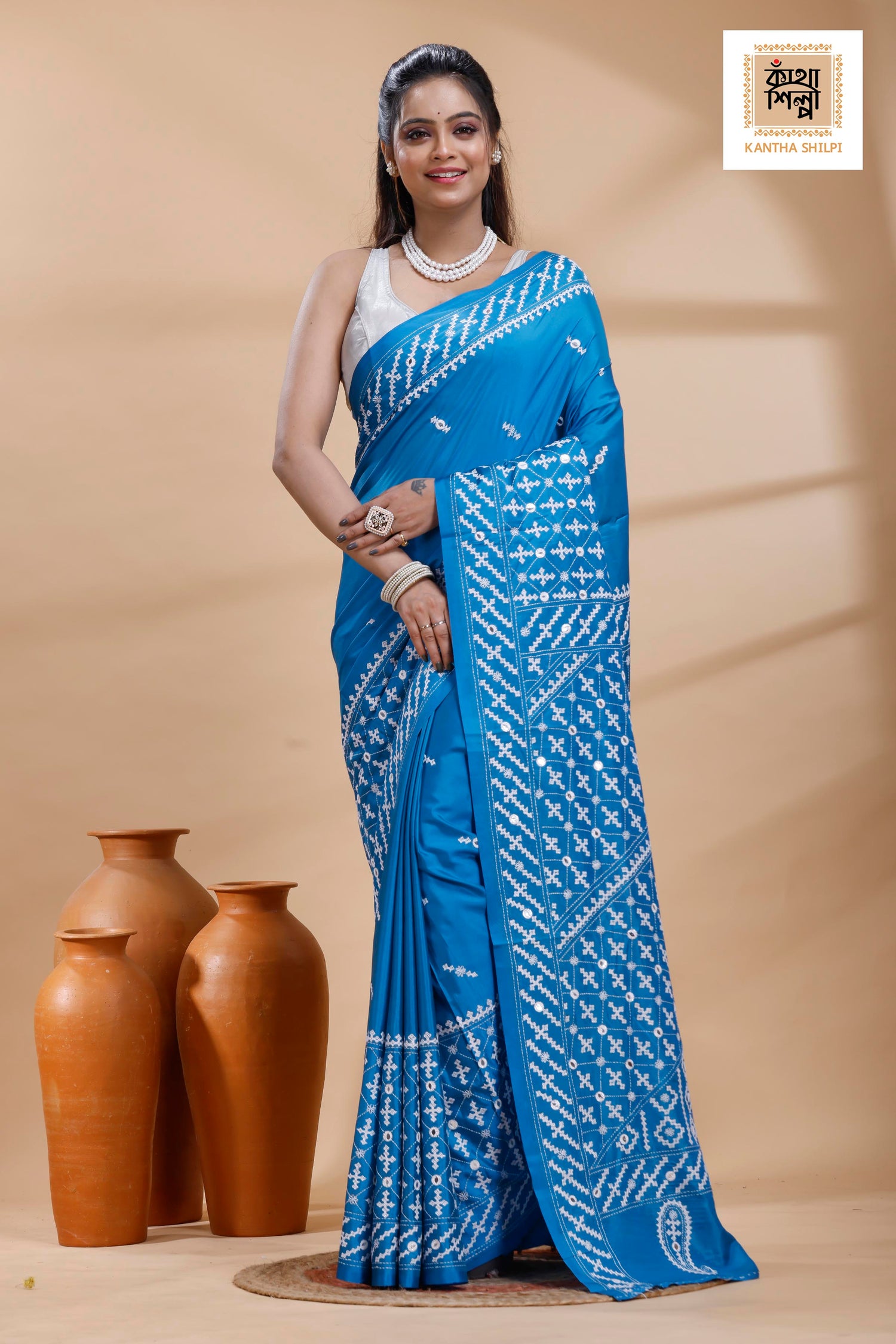 Blue Bangalore Silk White color Thread Work Gujrati Stitch Saree