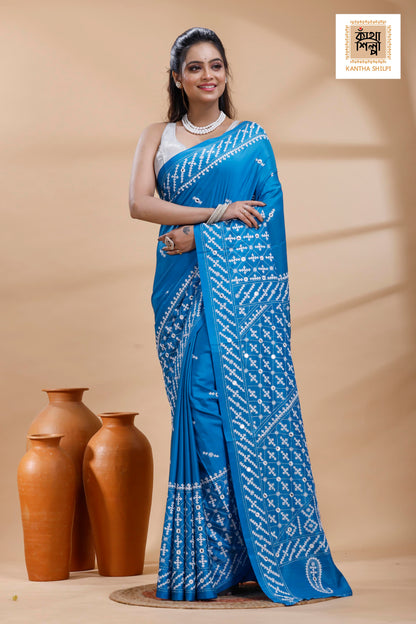 Blue Bangalore Silk White color Thread Work Gujrati Stitch Saree