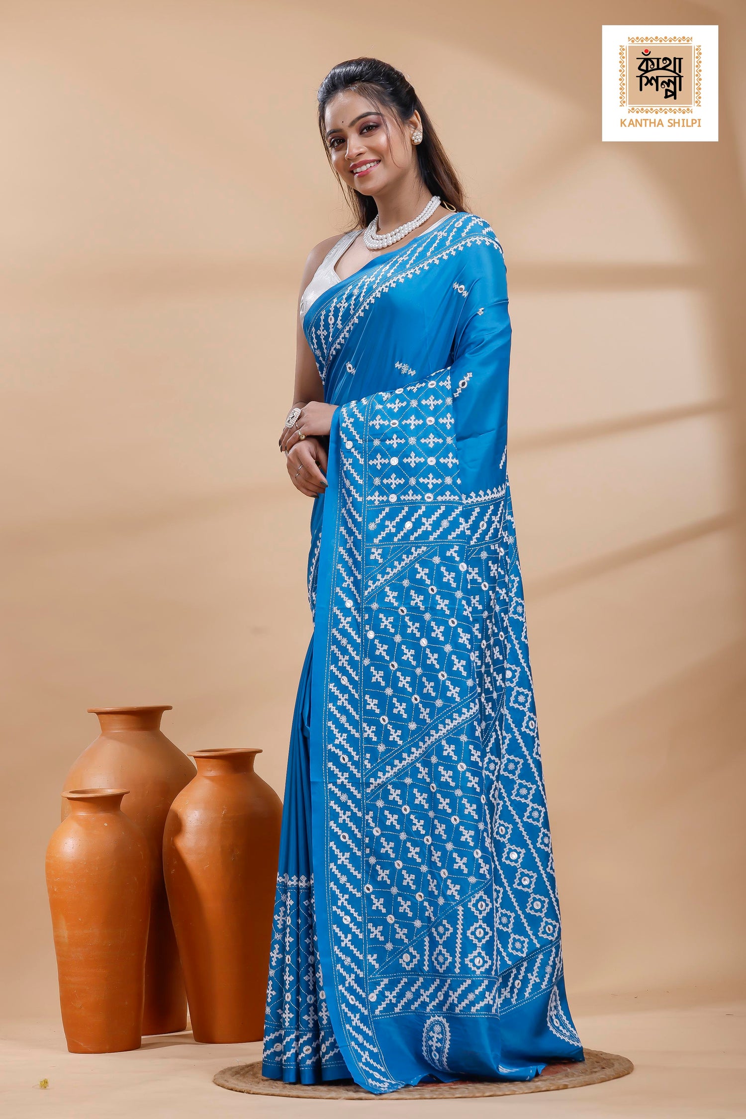 Blue Bangalore Silk White color Thread Work Gujrati Stitch Saree