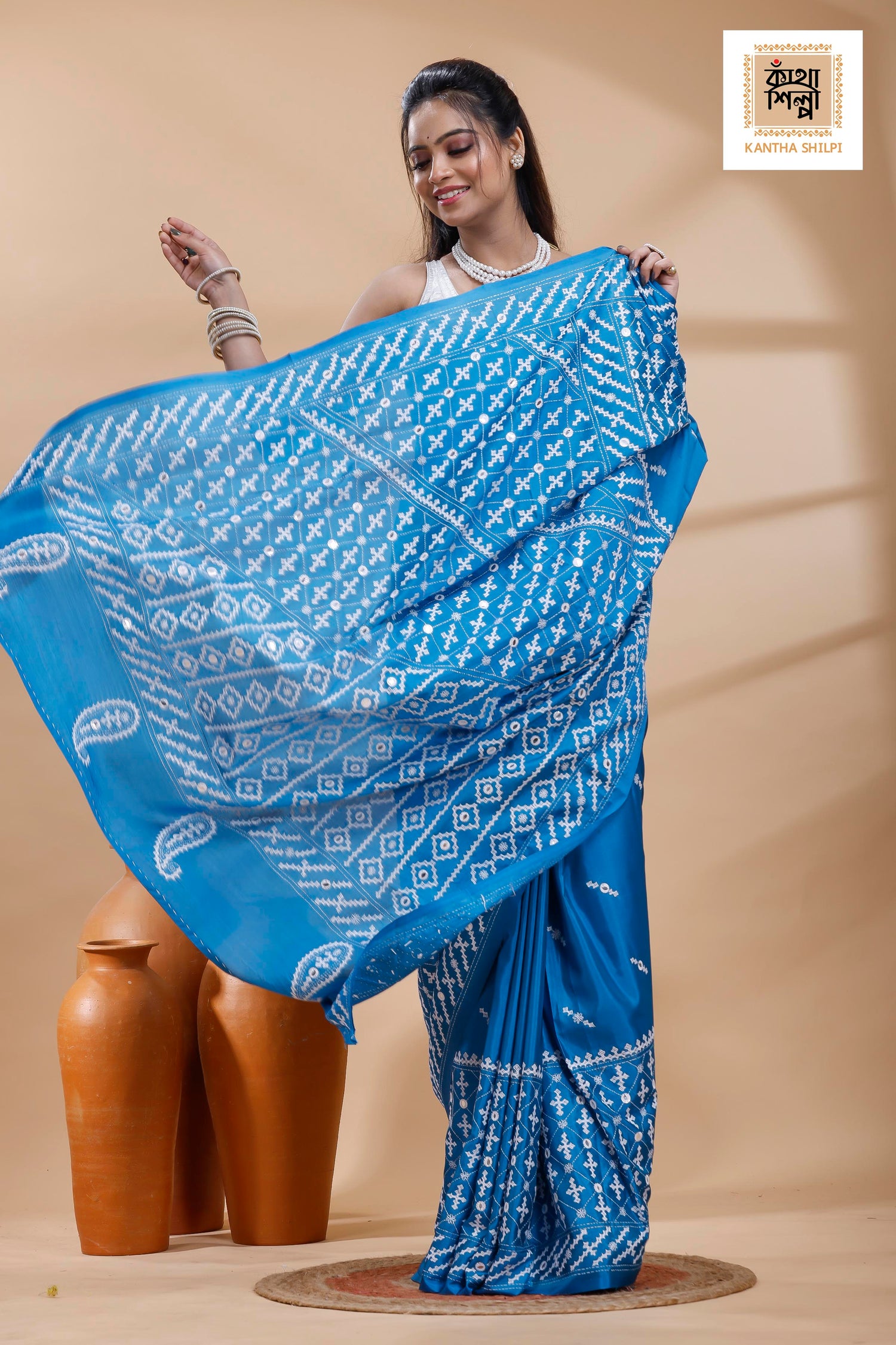 Blue Bangalore Silk White color Thread Work Gujrati Stitch Saree