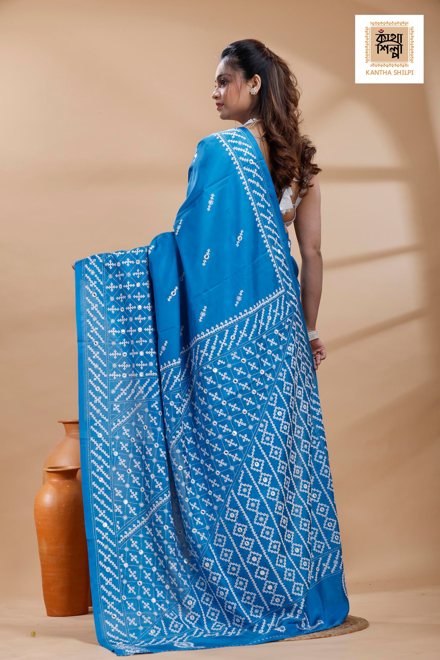Blue Bangalore Silk White color Thread Work Gujrati Stitch Saree