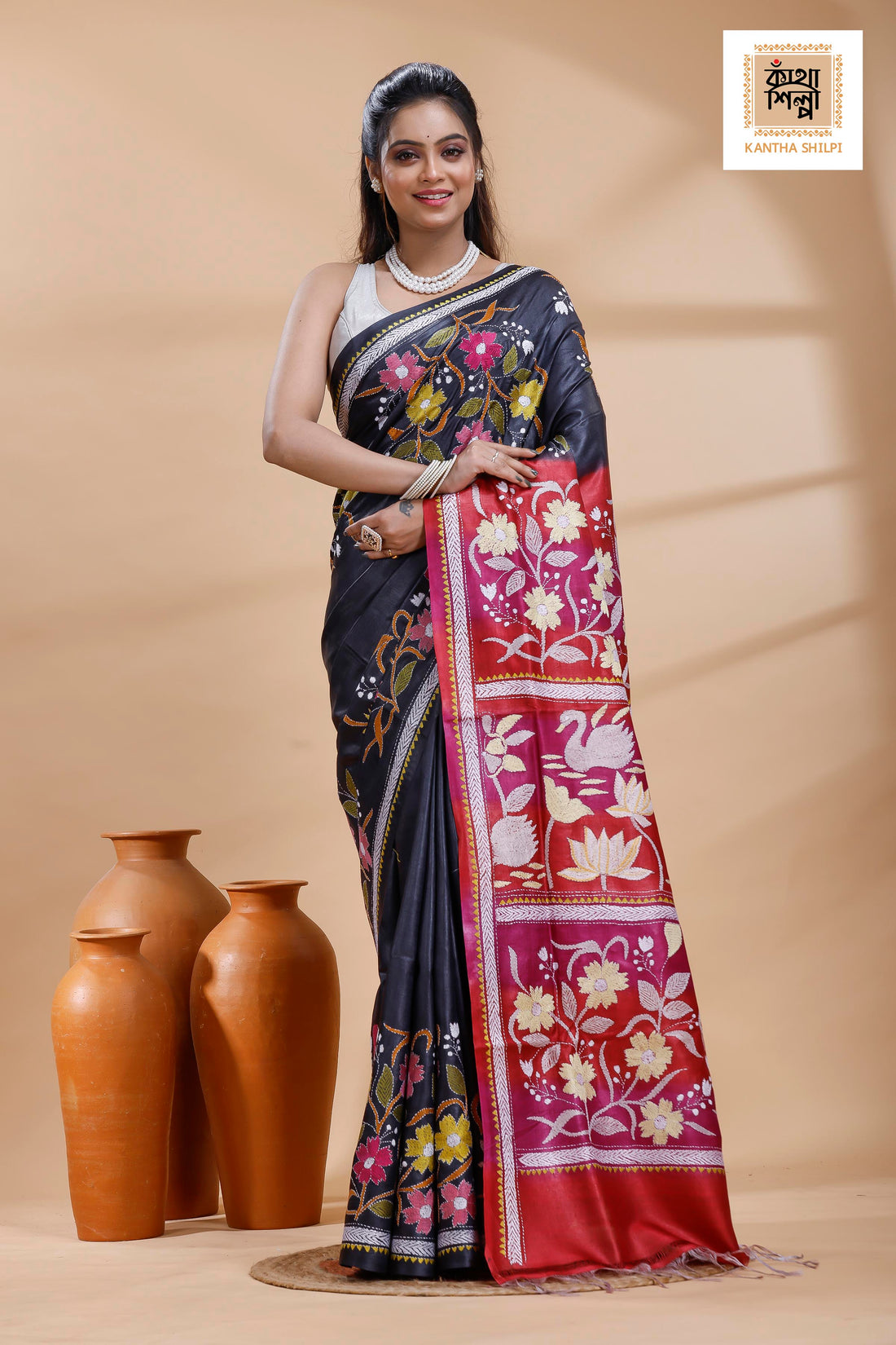 Pure Gachi Dye Tussar Multicolor Thread Work Kantha Stitch Saree