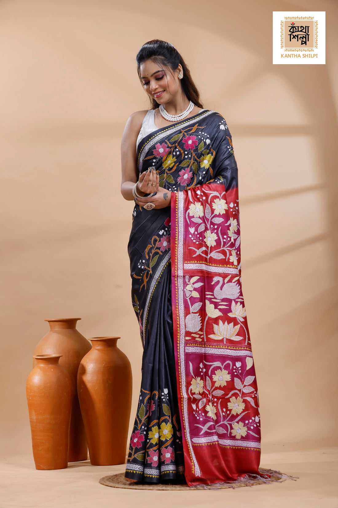 Pure Gachi Dye Tussar Multicolor Thread Work Kantha Stitch Saree